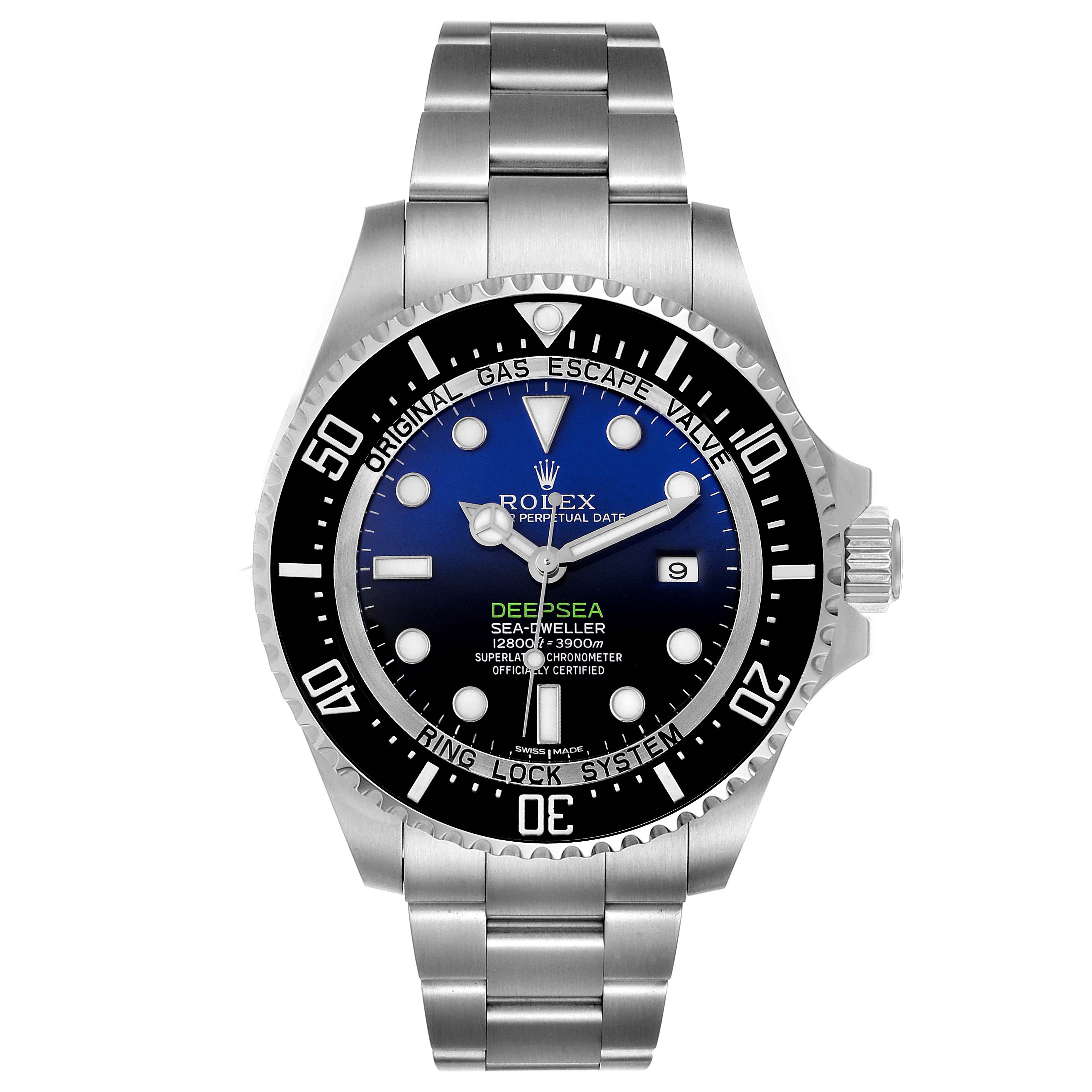 This is a frontal view of the Rolex Sea-Dweller 116660 Men's Stainless Steel Blue Dial 116660 Men's Stainless Steel Blue Dial Deepsea watch, showing its dial, bezel, and bracelet.