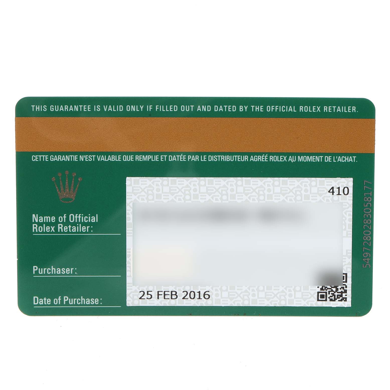 The image shows a warranty card for the Rolex Sea-Dweller 116660 Men's Stainless Steel Blue Dial 116660 Men's Stainless Steel Blue Dial model.