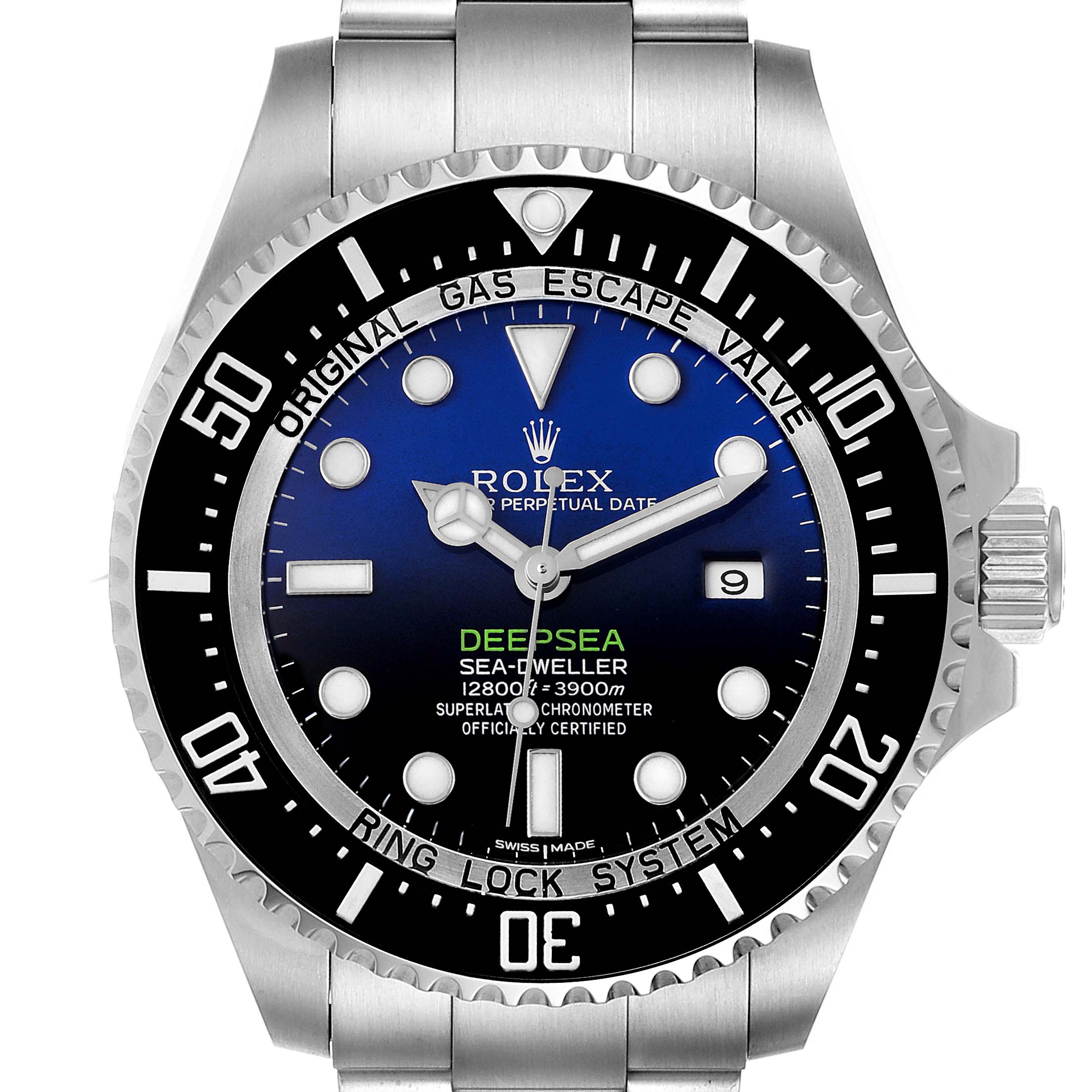 The image shows a front view of the Rolex Sea-Dweller 116660 Men's Stainless Steel Blue Dial 116660 Men's Stainless Steel Blue Dial watch, displaying its dial, bezel, and bracelet.