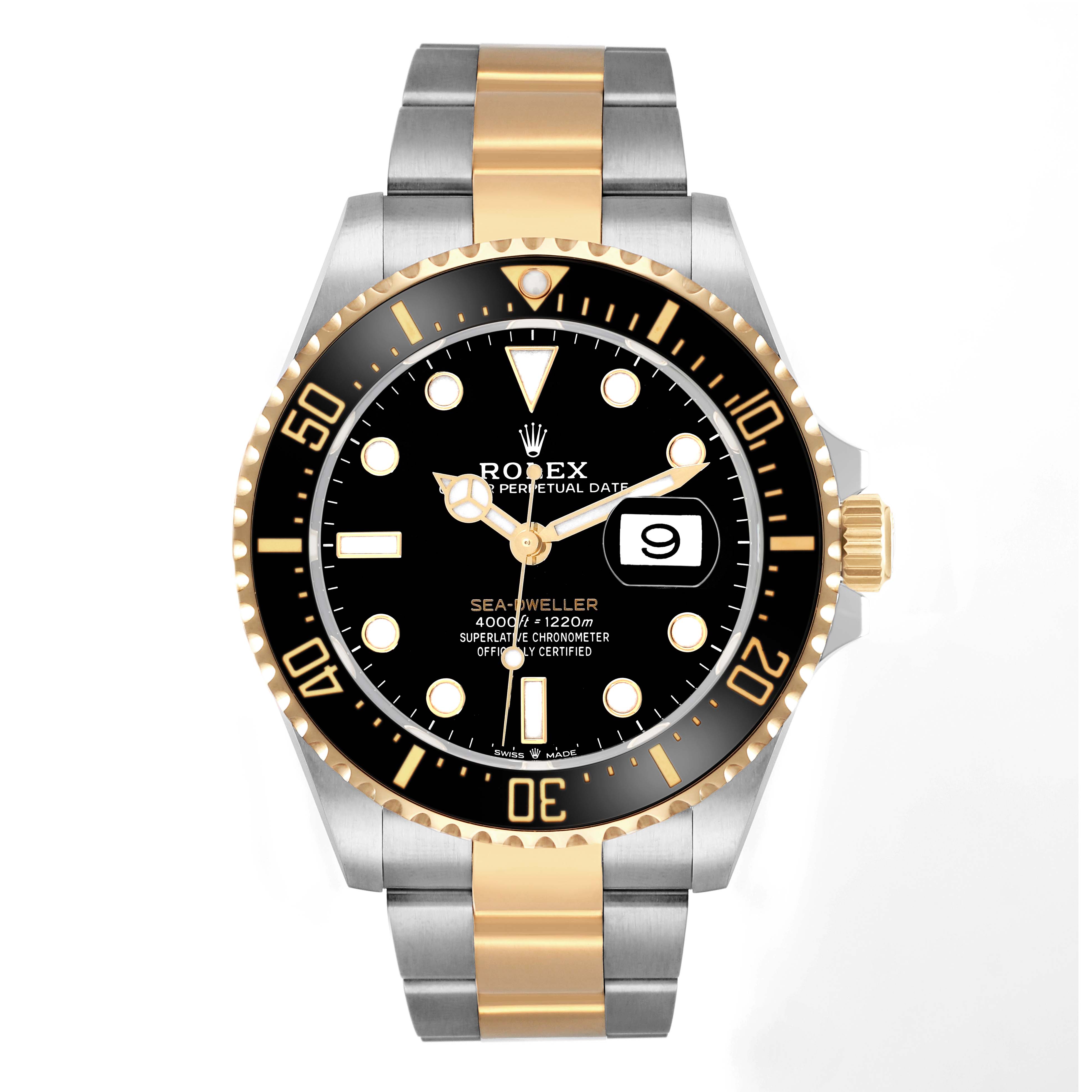The Rolex Sea-Dweller 126603 Men
s Steel and Gold (two tone) Black Dial watch is shown from the front, displaying the face, bezel, hands, and part of the bracelet.