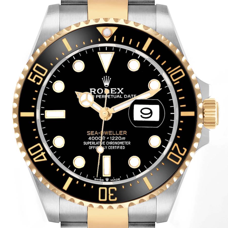 The Rolex Sea-Dweller 126603 Men's Steel and Gold (two tone) Black Dial watch is shown from a front angle, displaying the dial, bezel, and part of the bracelet.