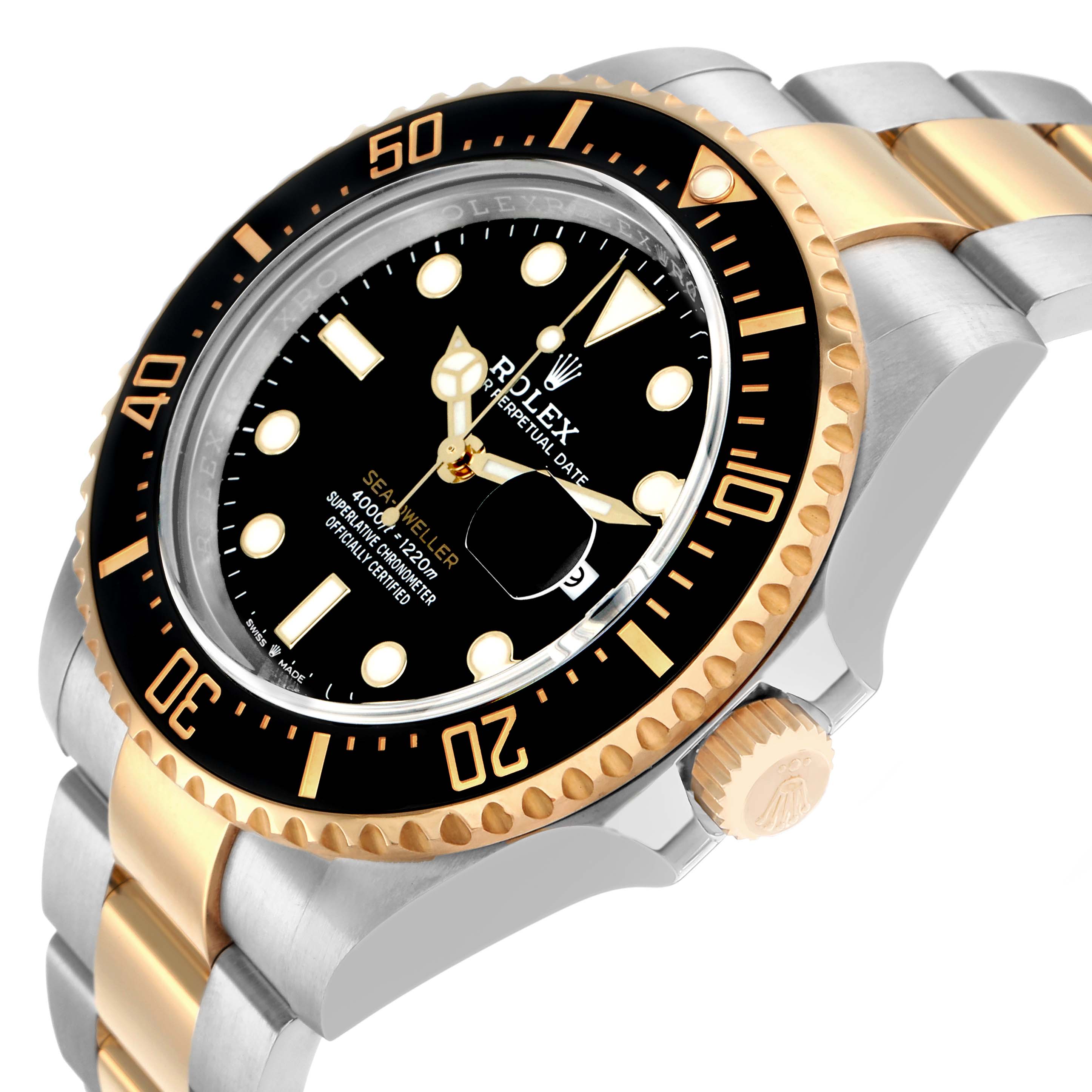 The Rolex Sea-Dweller 126603 Men
s Steel and Gold (two tone) Black Dial watch is shown at an angle highlighting the bezel, dial, crown, and part of the bracelet.