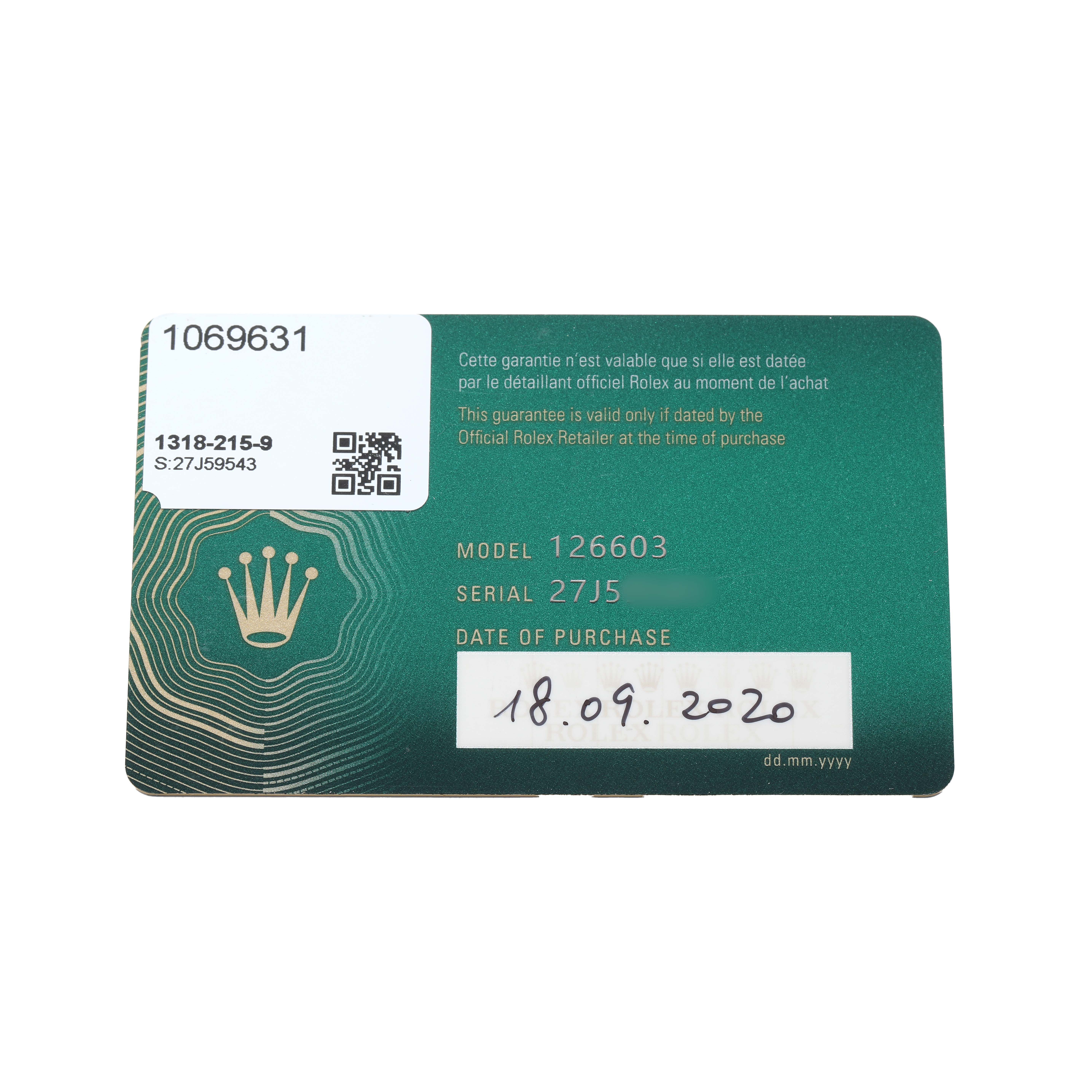 The image shows a warranty card for the Rolex Sea-Dweller 126603 Men
s Steel and Gold (two tone) Black Dial, model 126603.