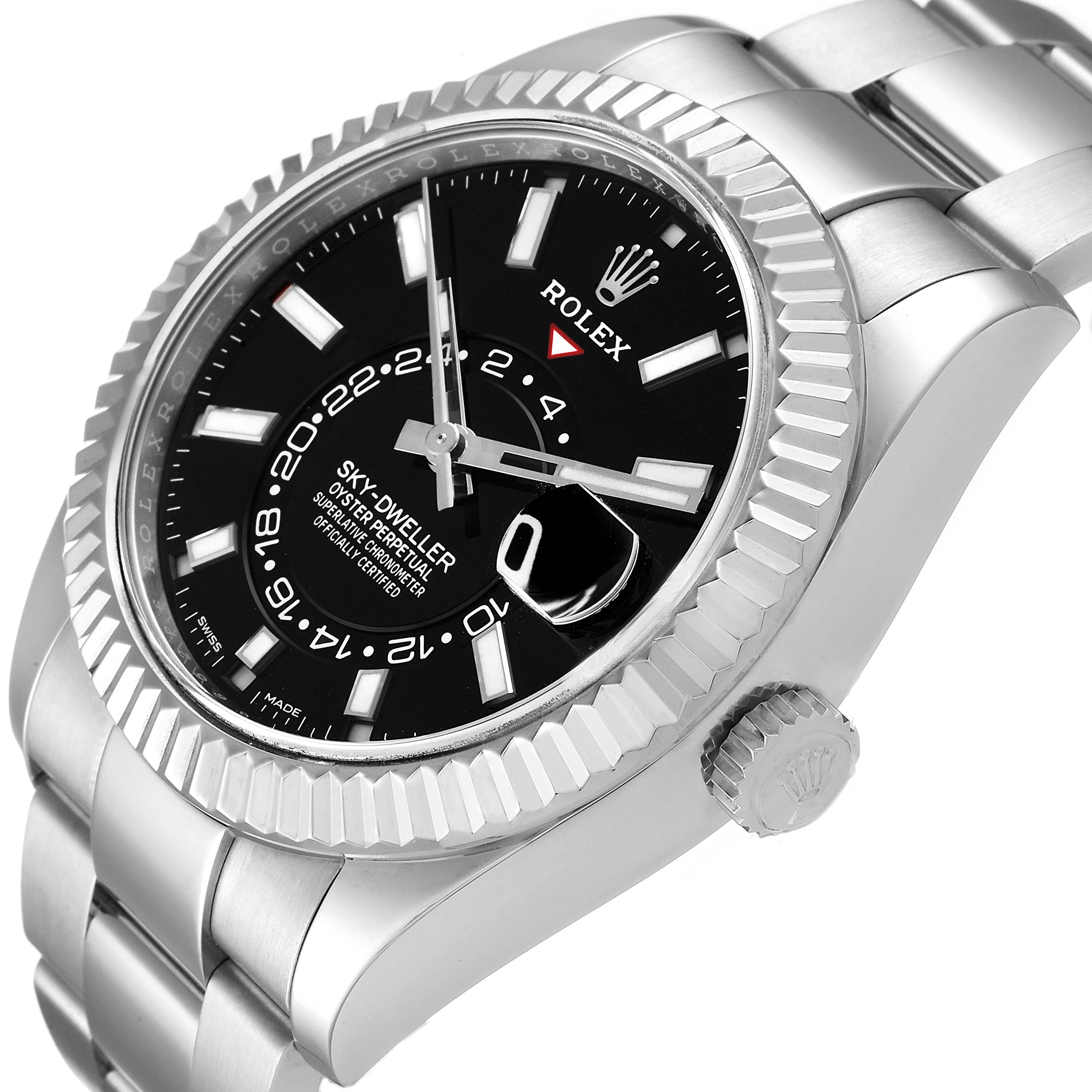 The image shows a side angle of the Rolex Sky-Dweller 326934 Men's Stainless Steel Black Dial 326934 Men's Stainless Steel Black Dial watch, highlighting its face, bezel, crown, and part of the bracelet.