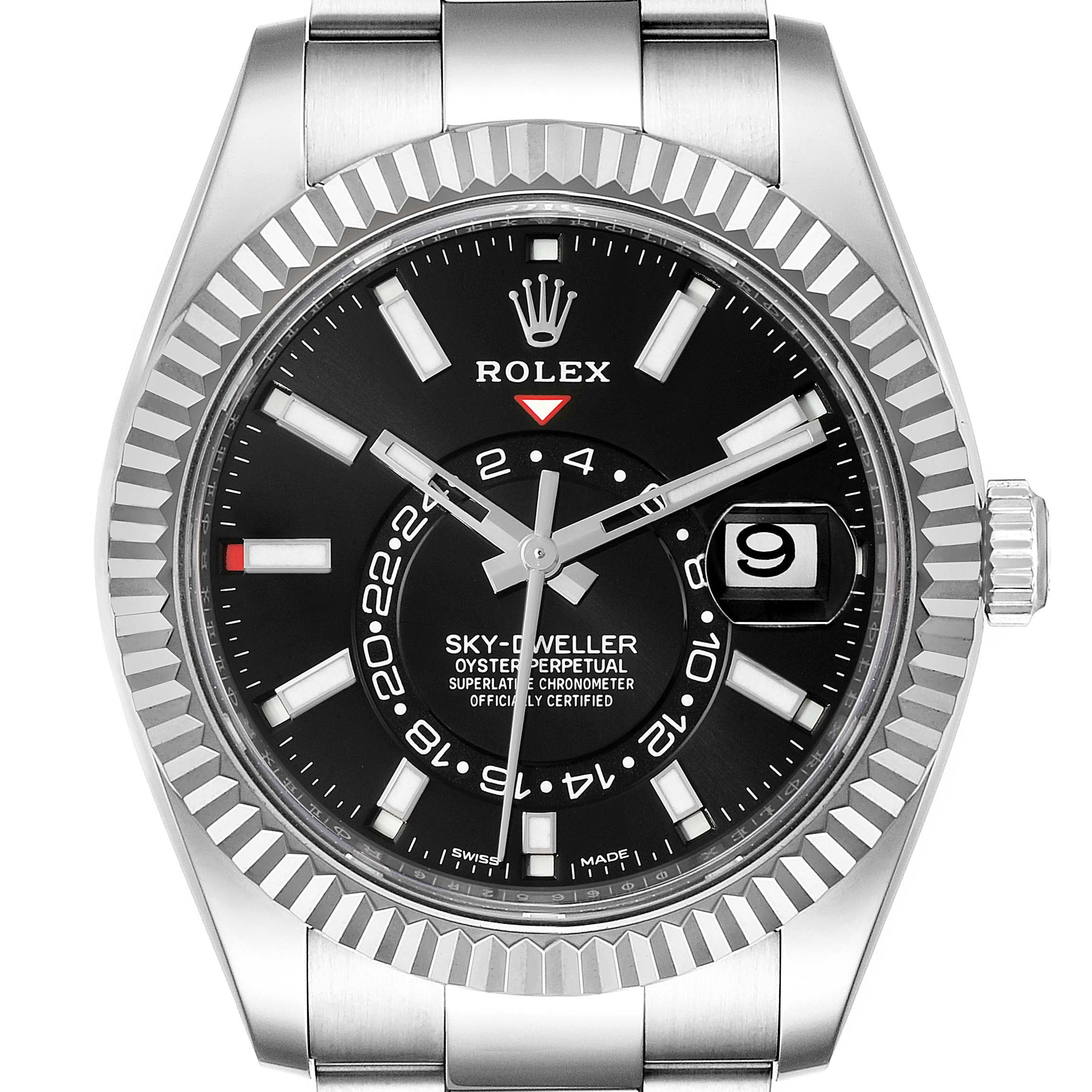The image shows a front view of the Rolex Sky-Dweller 326934 Men's Stainless Steel Black Dial 326934 Men's Stainless Steel Black Dial watch, highlighting the dial, bezel, and part of the bracelet.