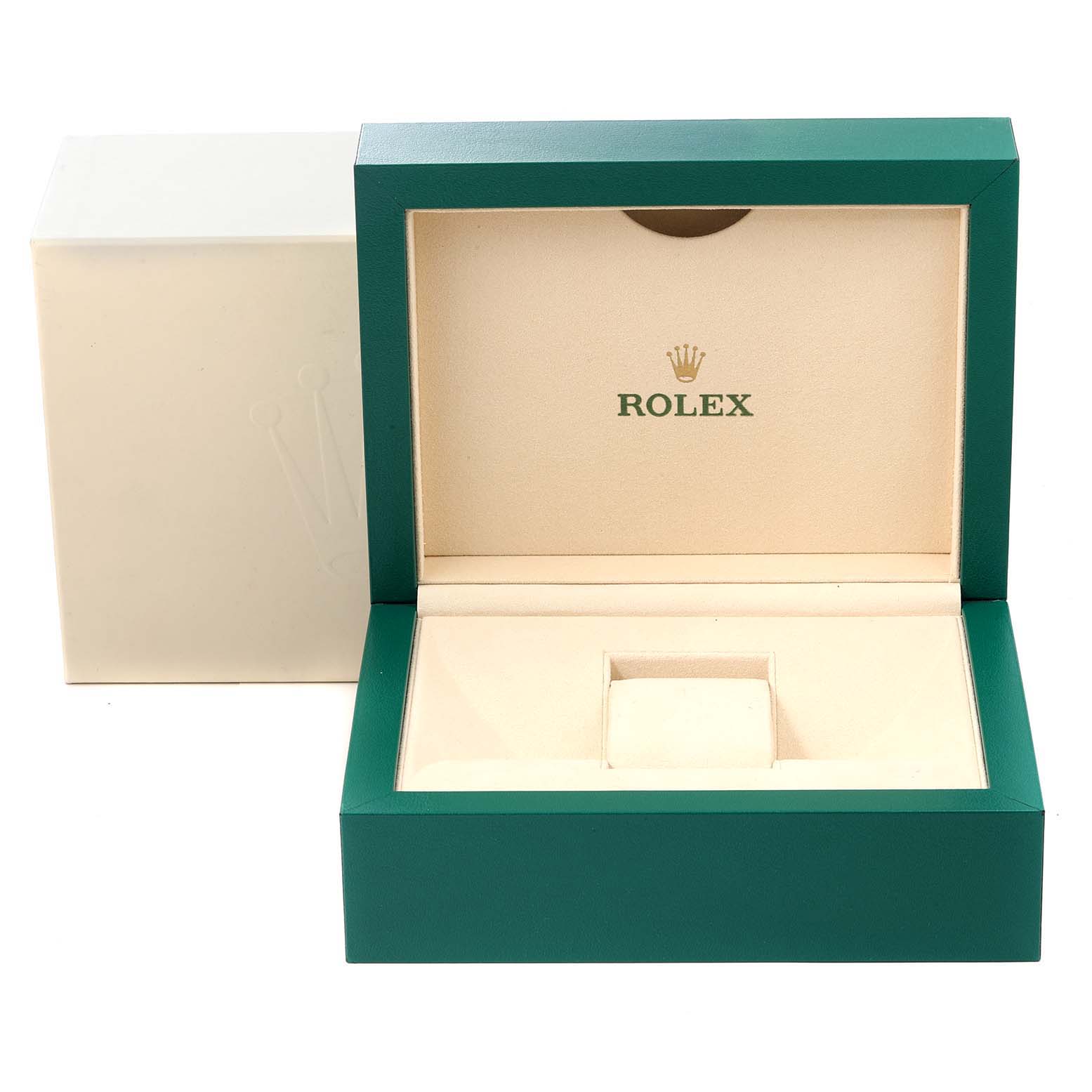 This image shows the open packaging box for the Rolex Sky-Dweller 326934 Men's Stainless Steel Black Dial 326934 Men's Stainless Steel Black Dial watch, highlighting its interior with the Rolex logo.