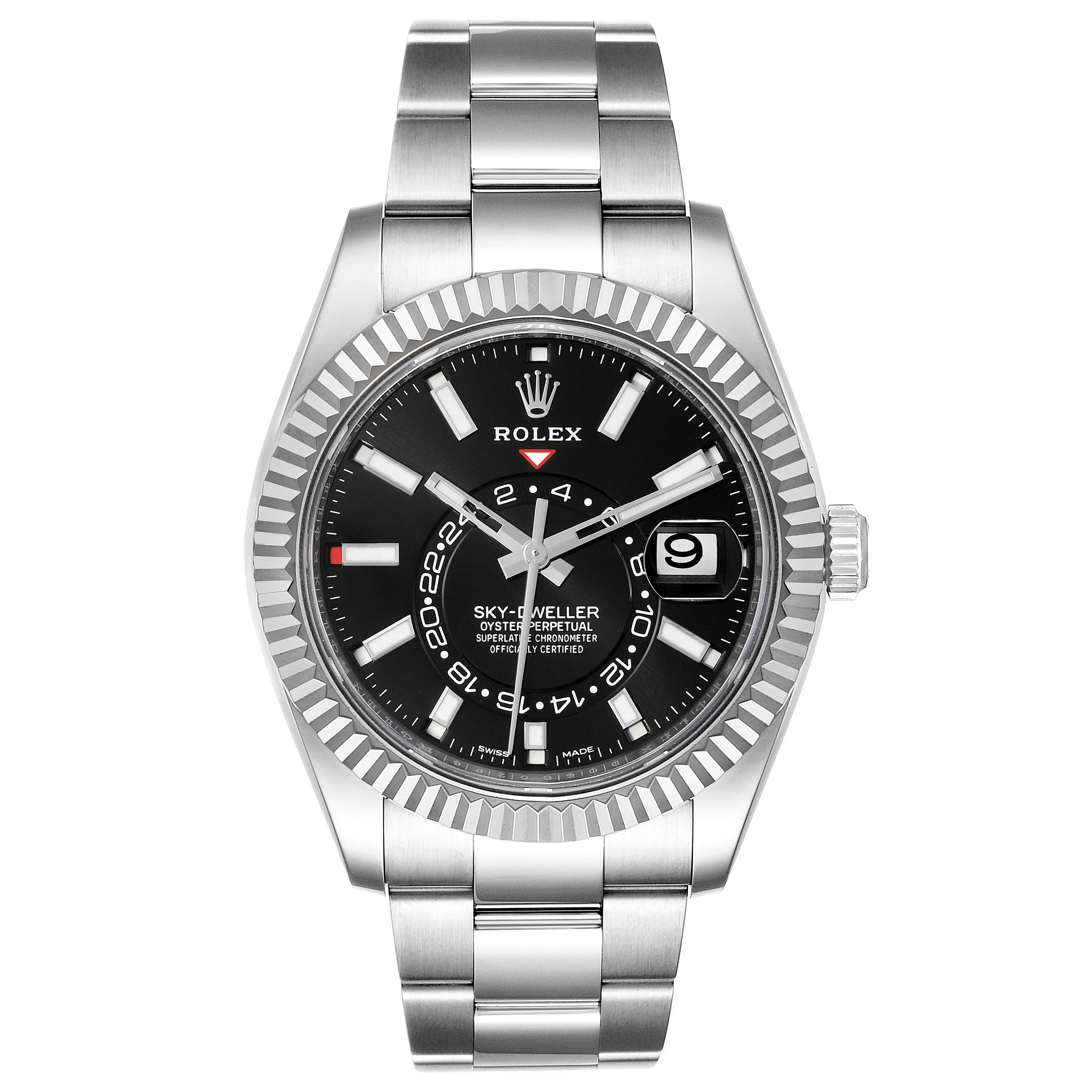 The image shows a front-facing view of a Rolex Sky-Dweller 326934 Men's Stainless Steel Black Dial 326934 Men's Stainless Steel Black Dial watch, displaying the dial, bezel, crown, and part of the bracelet.