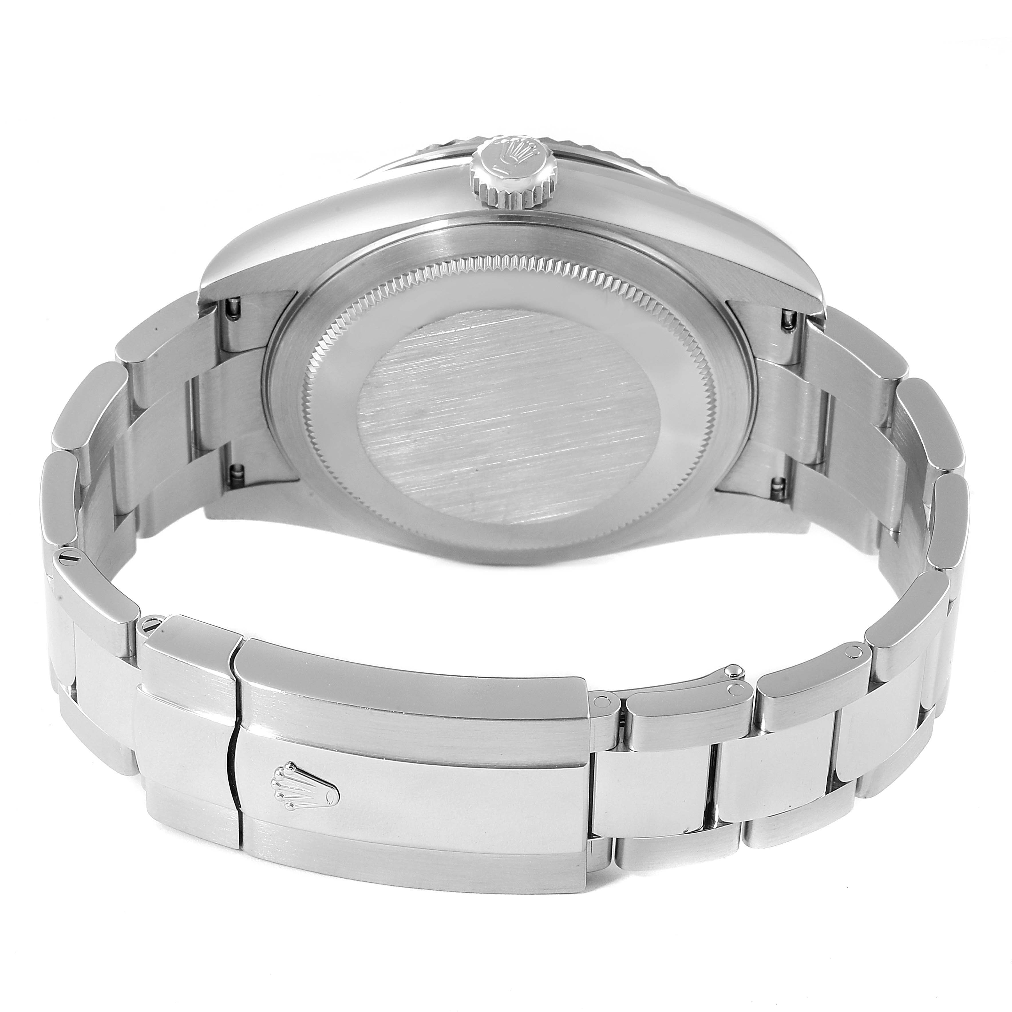 The image shows the back view of a Rolex Sky-Dweller 326934 Men's Stainless Steel Black Dial 326934 Men's Stainless Steel Black Dial watch highlighting its clasp, bracelet, and case back.