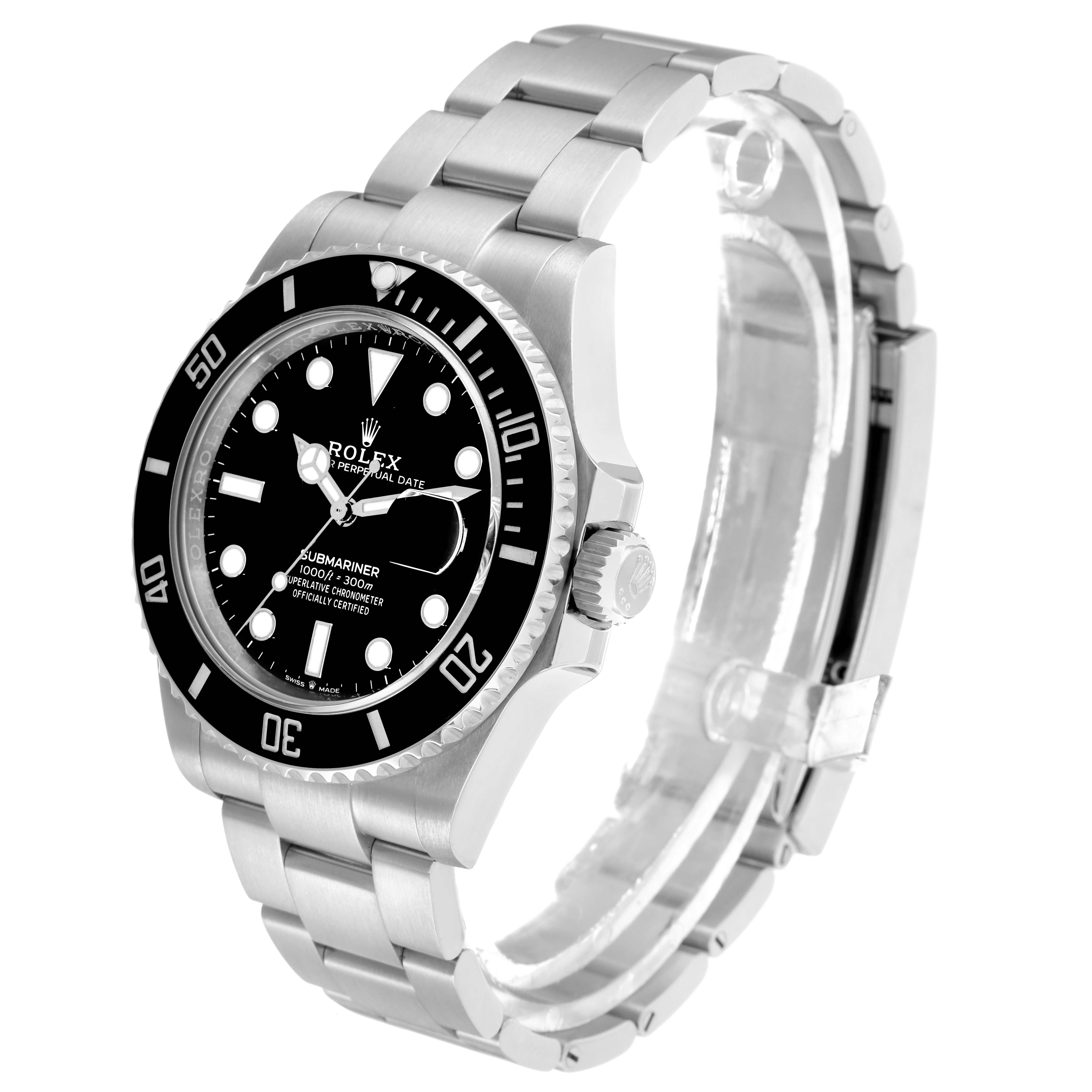 The Rolex Submariner 126610 Men
s Stainless Steel Black Dial watch is shown at an angled view highlighting the face, bezel, crown, and bracelet.