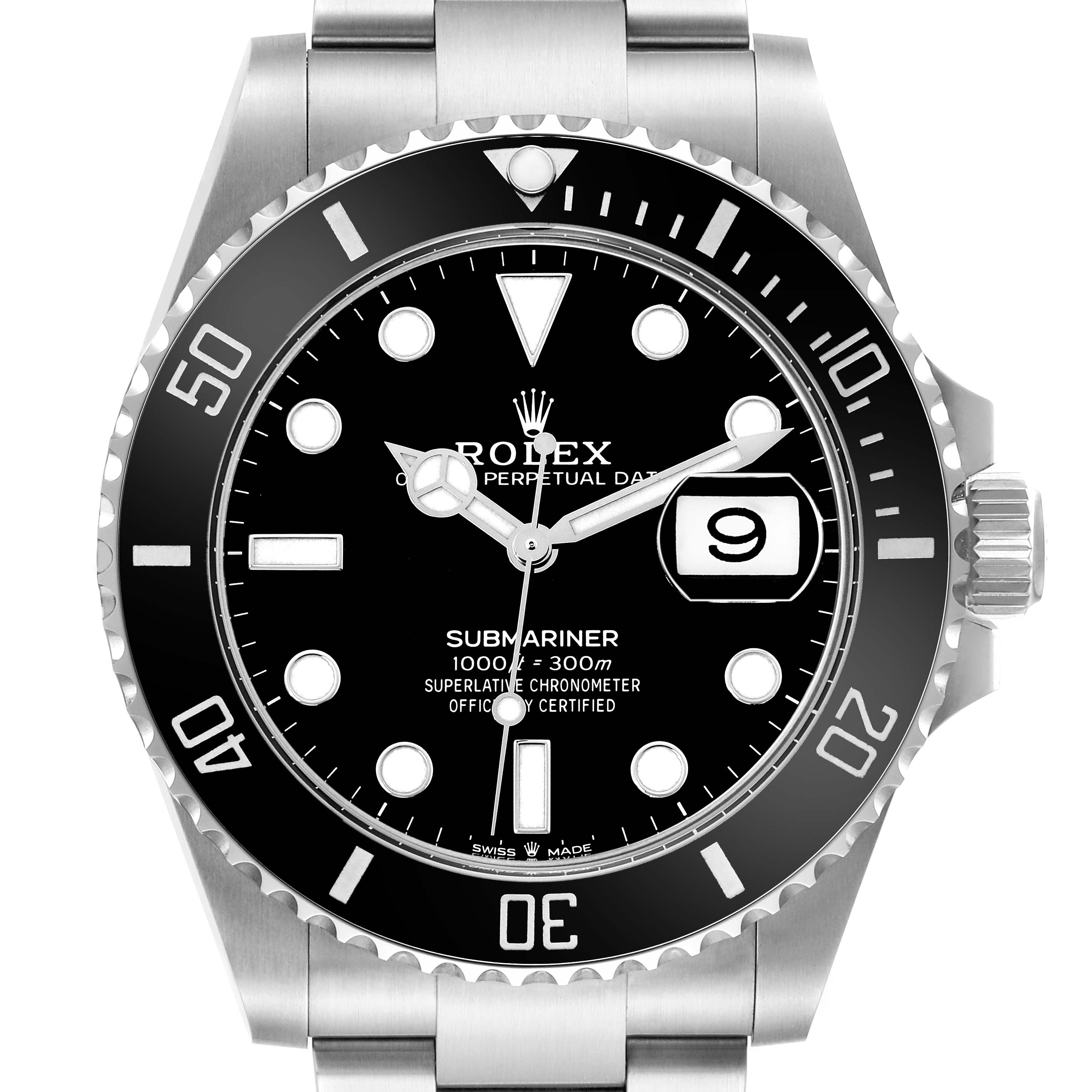 The Rolex Submariner 126610 Men
s Stainless Steel Black Dial watch is shown from the front, highlighting the bezel, dial, hands, and date window.