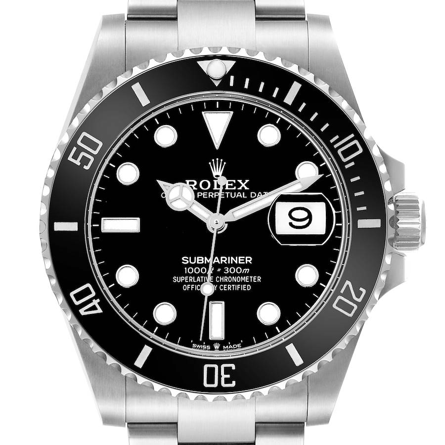 The Rolex Submariner 126610 Men's Stainless Steel Black Dial watch is shown from the front, highlighting the bezel, dial, hands, and date window.