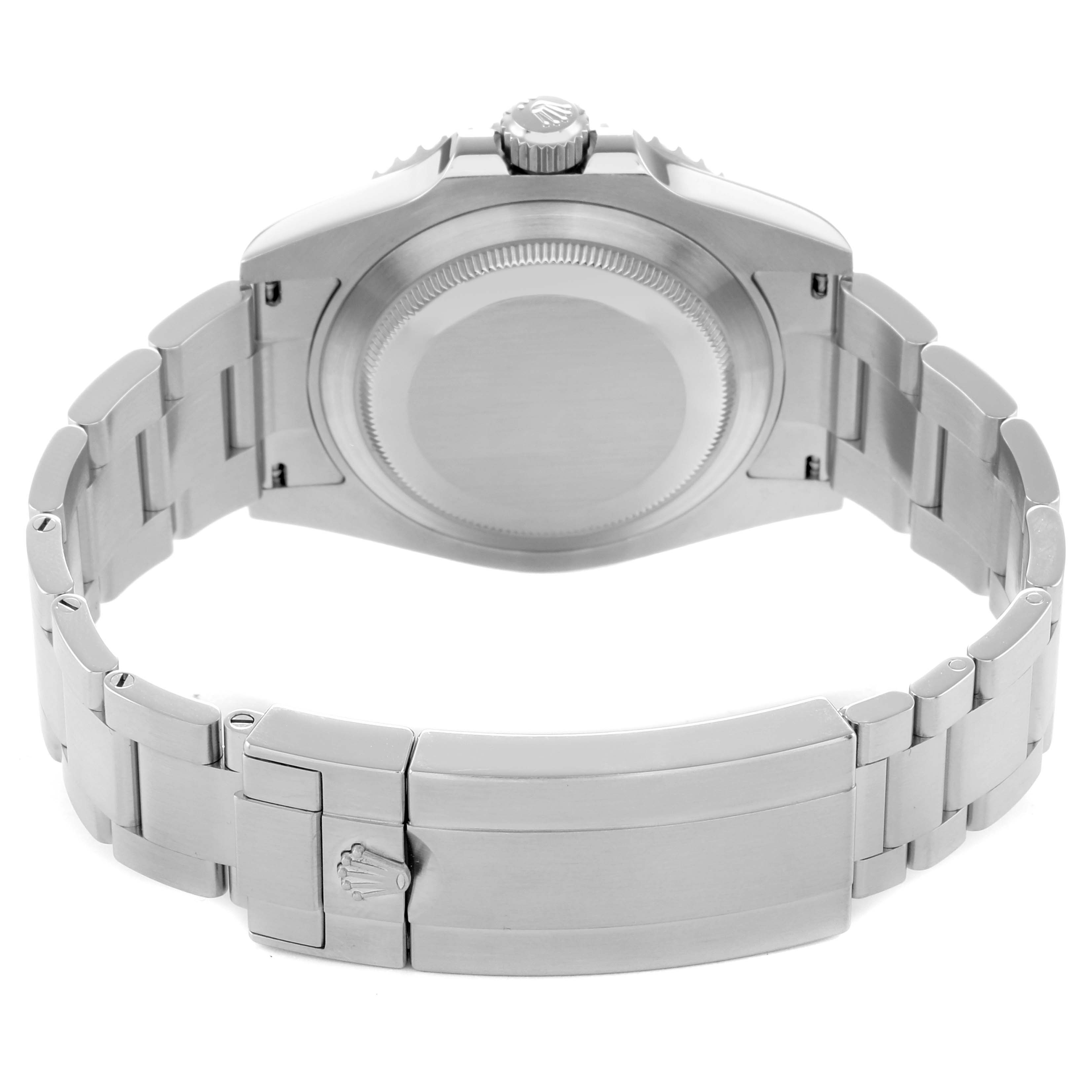 The image shows the back view of the Rolex Submariner 126610 Men
s Stainless Steel Black Dial, highlighting the case back, crown, and bracelet clasp.