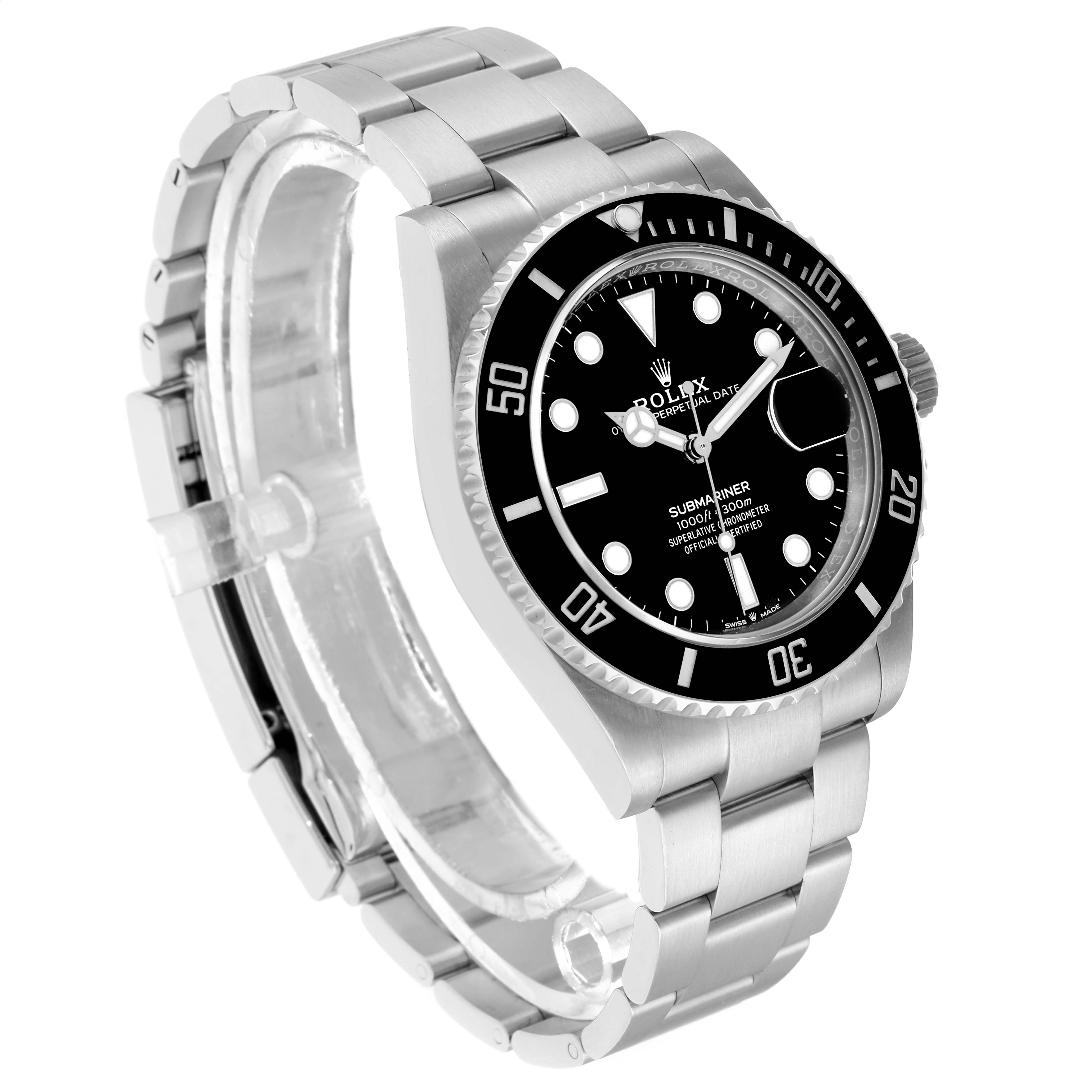 The Rolex Submariner 126610 Men
s Stainless Steel Black Dial watch is shown at a three-quarter angle, highlighting the face, bezel, and bracelet.