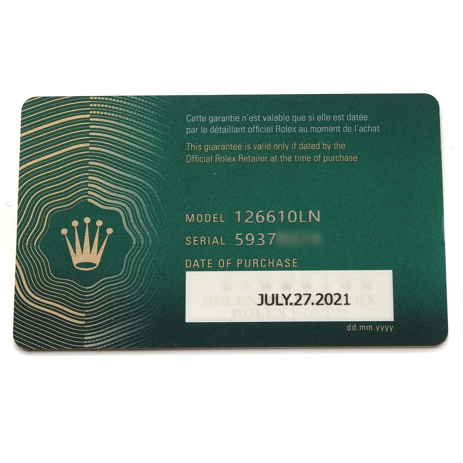 The image shows a warranty card for a Rolex Submariner 126610 Men
s Stainless Steel Black Dial, displaying model and serial numbers, and the purchase date.