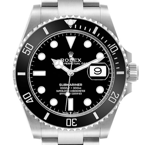 The Rolex Submariner 126610 Men's Stainless Steel Black Dial watch is shown from the front, displaying the dial, bezel, and part of the bracelet.