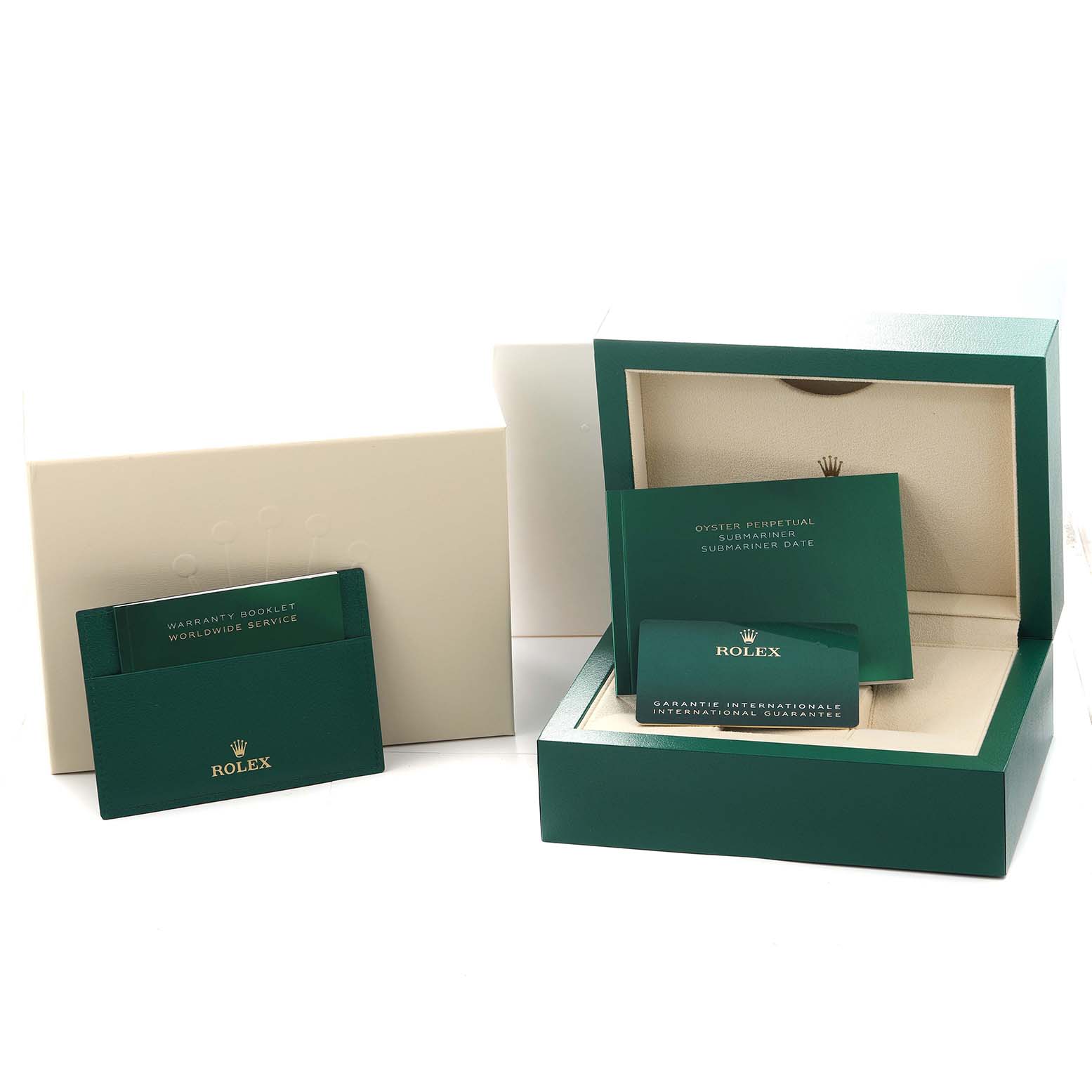 The image shows a Rolex Submariner 126610 Men
s Stainless Steel Black Dial box set with warranty booklet and card, displayed from a top-front angle.