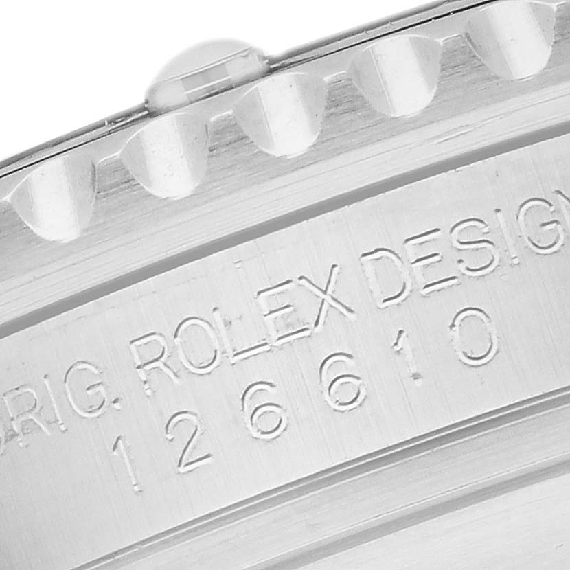 The image shows a close-up of the case with the model number engraving on the Rolex Submariner 126610 Men
s Stainless Steel Black Dial watch.