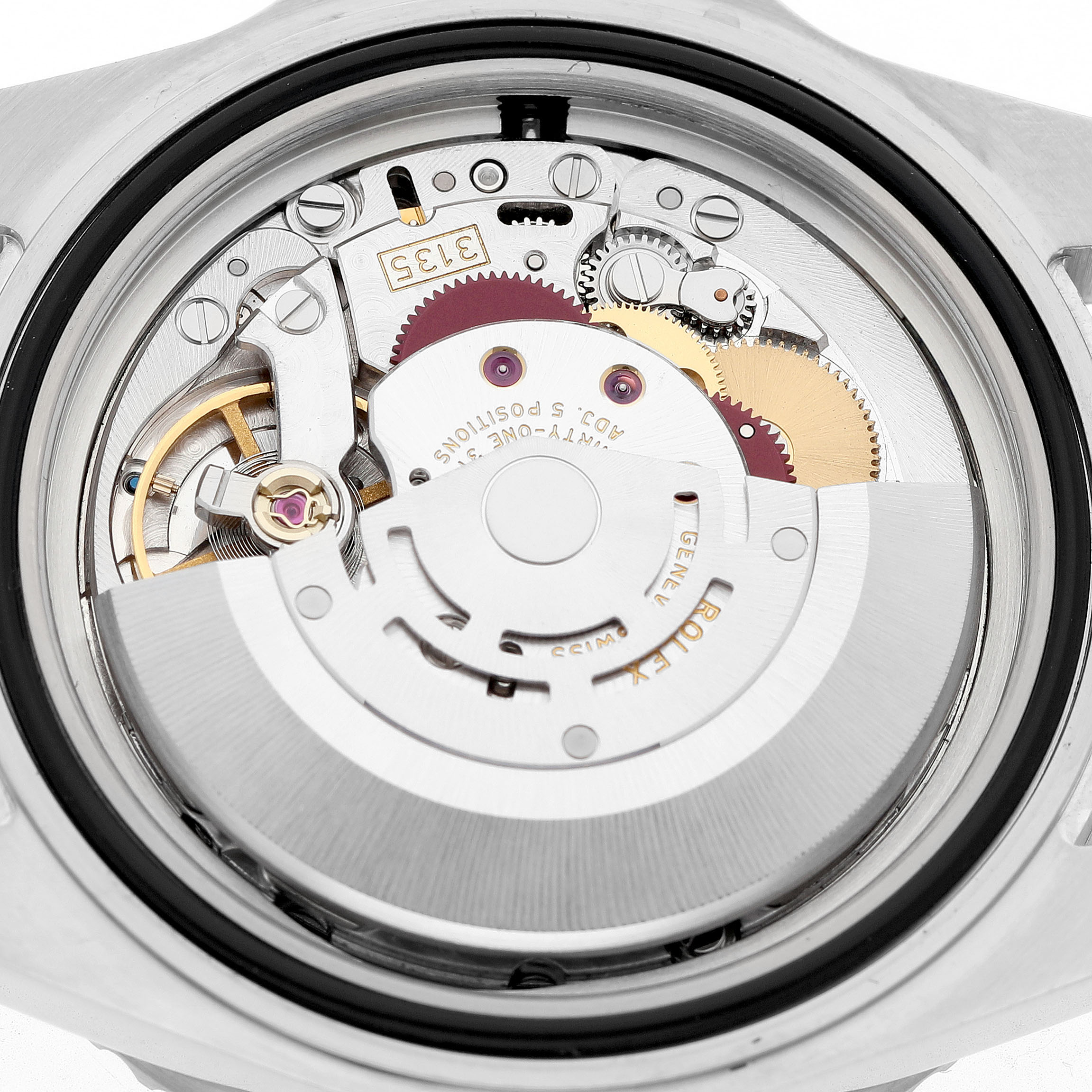 The image shows the movement and internal mechanism of a Rolex Submariner 16610 Men's Stainless Steel Black Dial from a back angle.