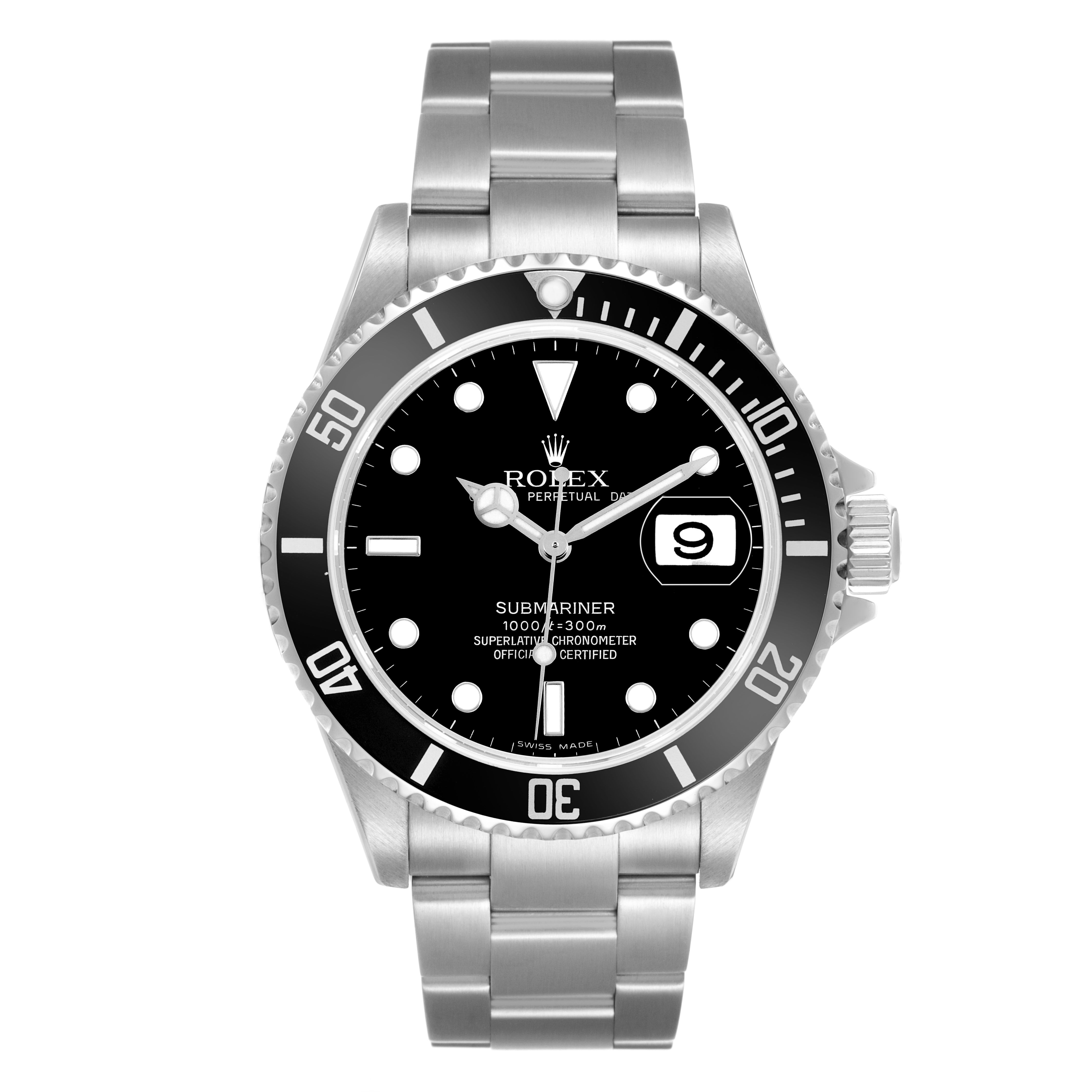 The Rolex Submariner 16610 Men's Stainless Steel Black Dial watch is shown from a front angle, displaying the dial, bezel, crown, and bracelet.