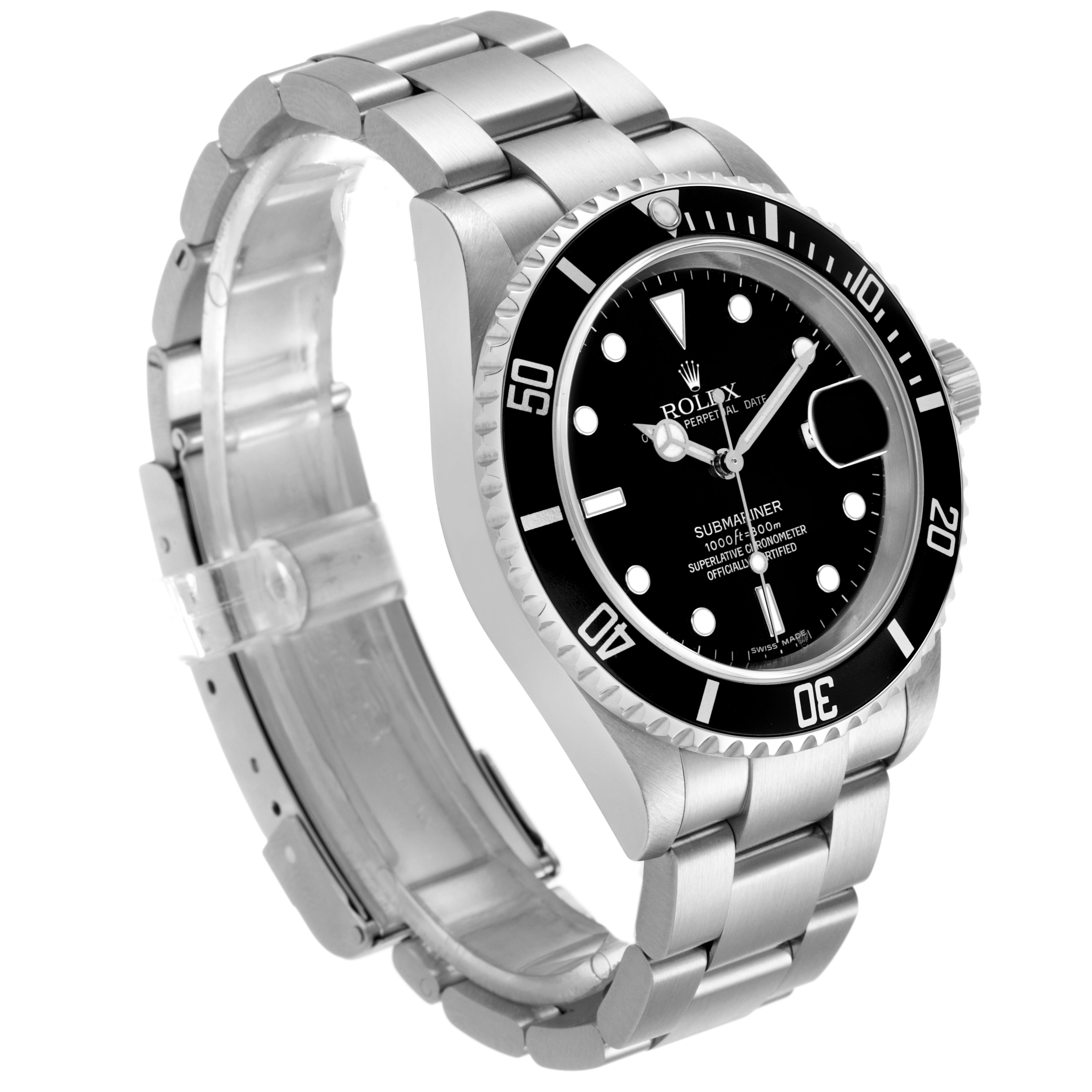 The Rolex Submariner 16610 Men's Stainless Steel Black Dial watch is shown at a three-quarter angle highlighting the face, bezel, crown, and bracelet.