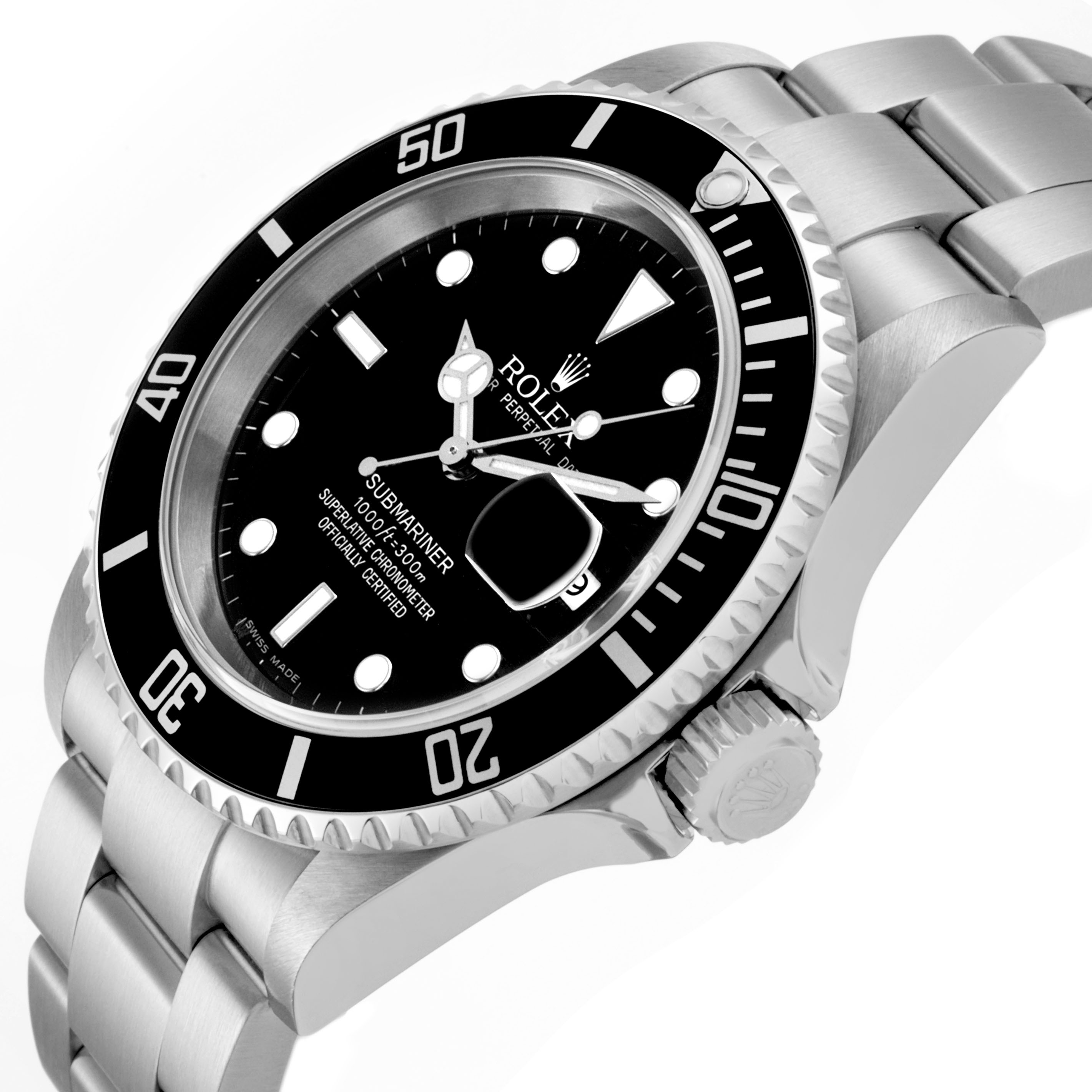 The Rolex Submariner 16610 Men's Stainless Steel Black Dial is shown at an angled side view, highlighting the bezel, dial, crown, and part of the bracelet.