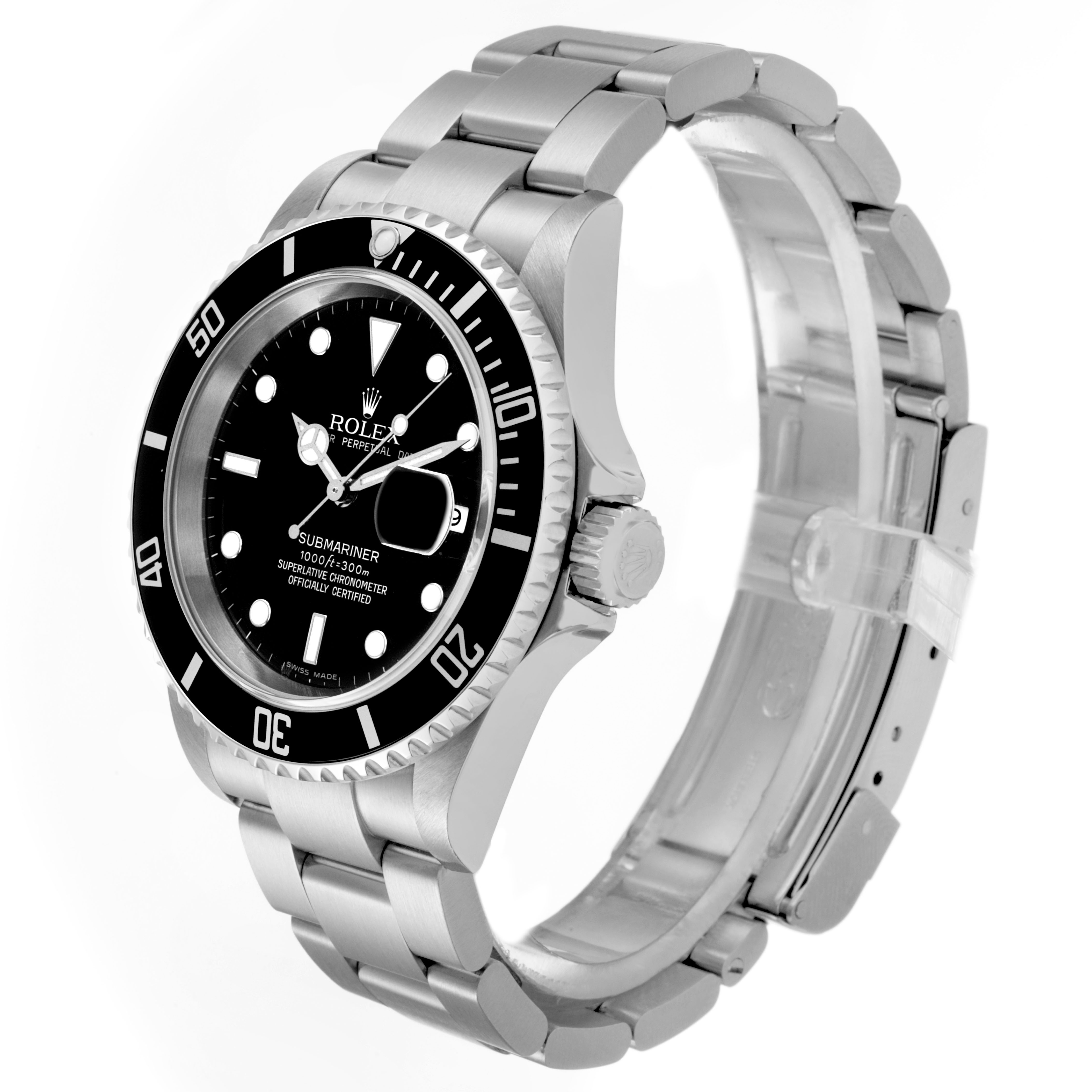 The Rolex Submariner 16610 Men's Stainless Steel Black Dial is shown at a three-quarter angle, displaying the dial, bezel, crown, and bracelet.