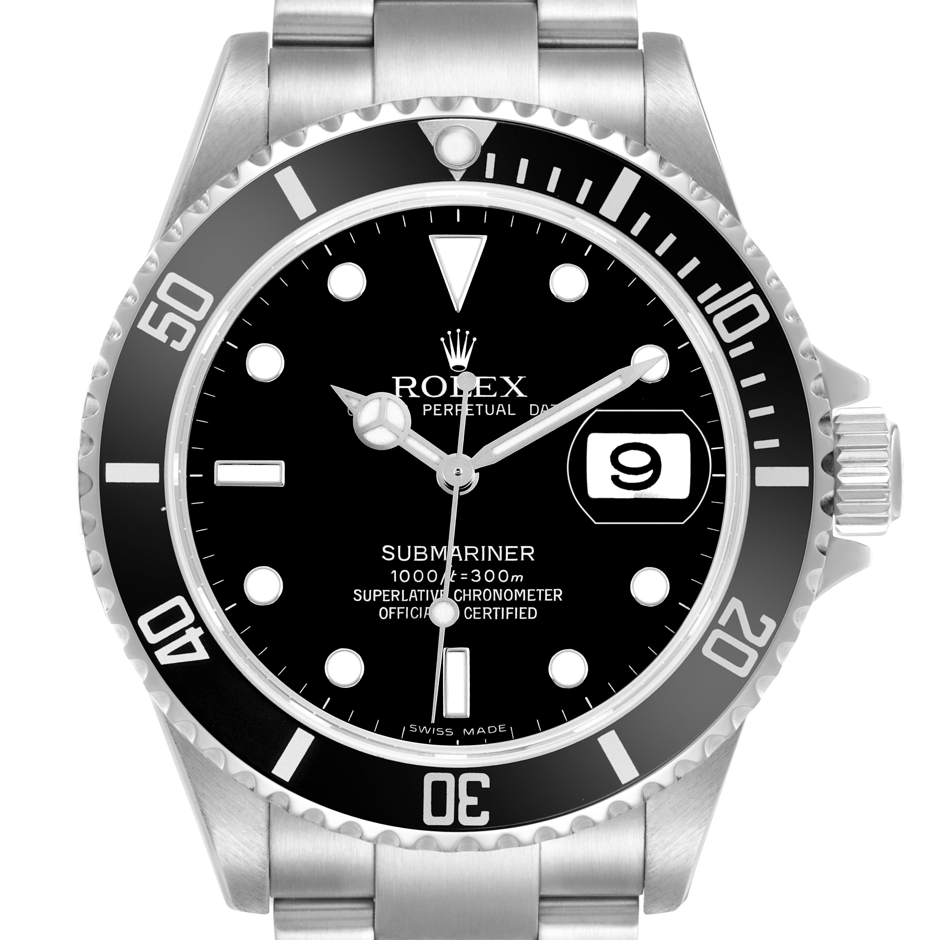 The Rolex Submariner 16610 Men's Stainless Steel Black Dial watch is shown from the front, displaying the dial, bezel, and part of the stainless steel bracelet.