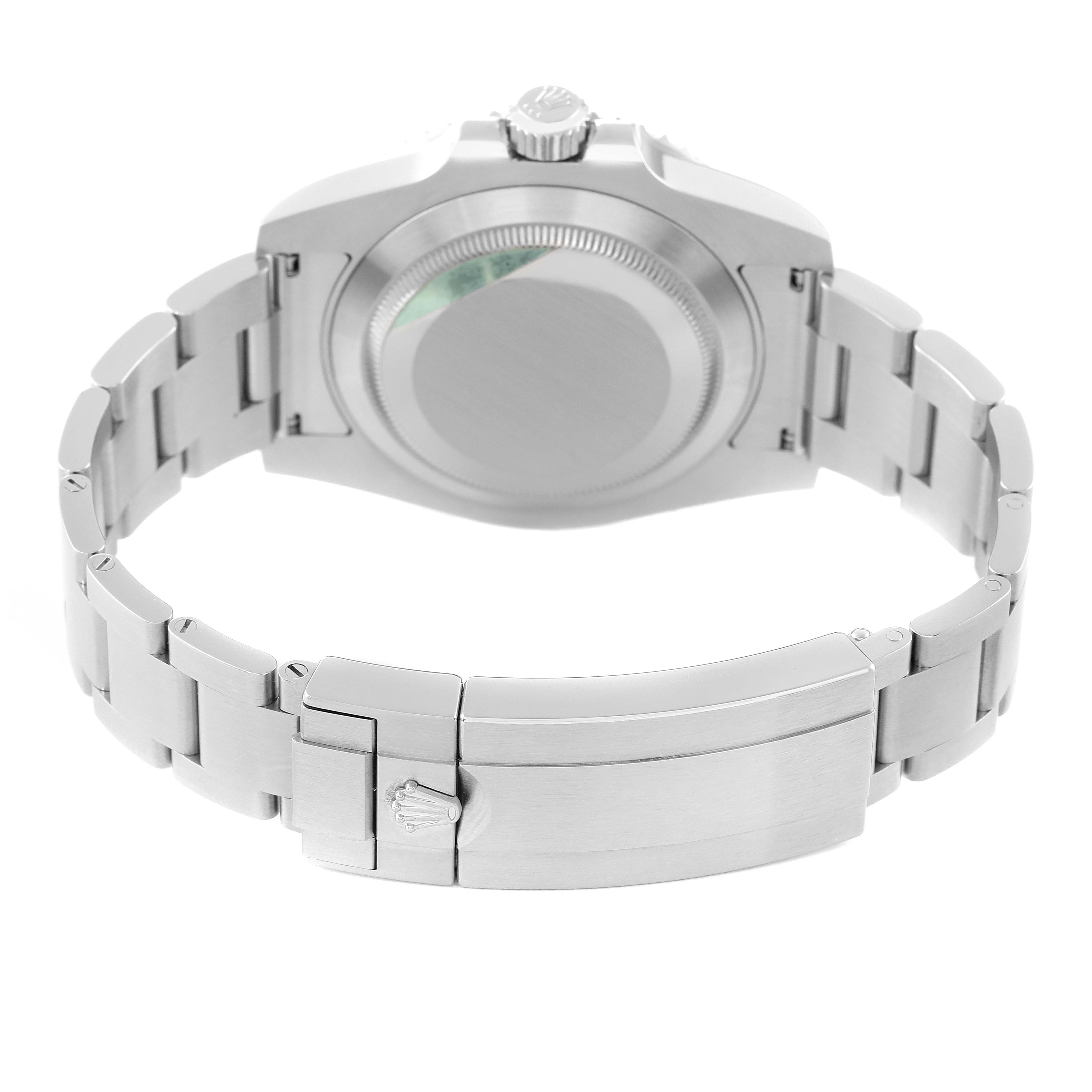The image shows the back of the Rolex Submariner 116610LV Men
s Stainless Steel Green Dial 116610LV Men
s Stainless Steel Green Dial watch, highlighting its clasp, bracelet, and case back.