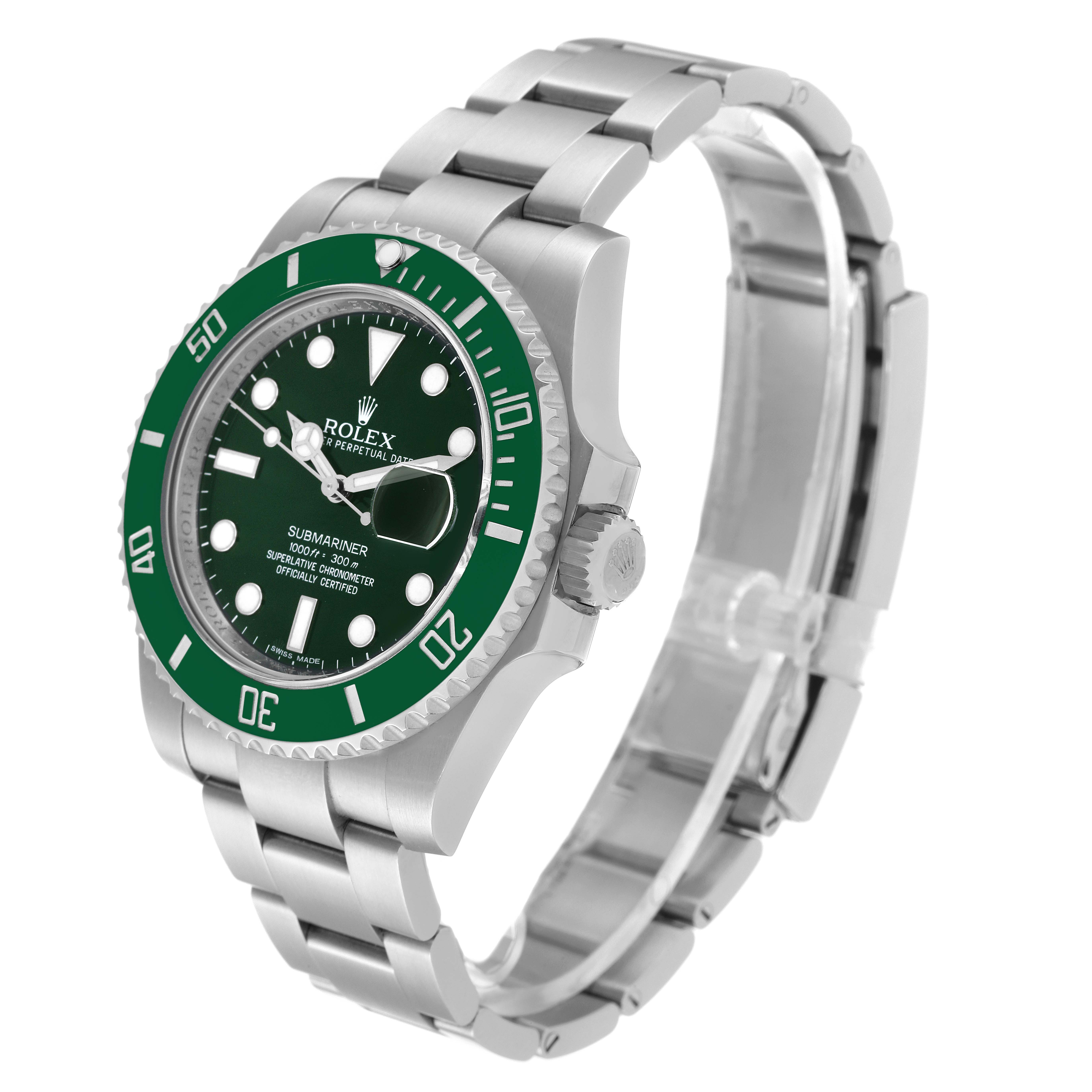 This image shows a 3/4 view of a Rolex Submariner 116610LV Men
s Stainless Steel Green Dial 116610LV Men
s Stainless Steel Green Dial model watch, highlighting the face, bezel, and part of the metal bracelet.