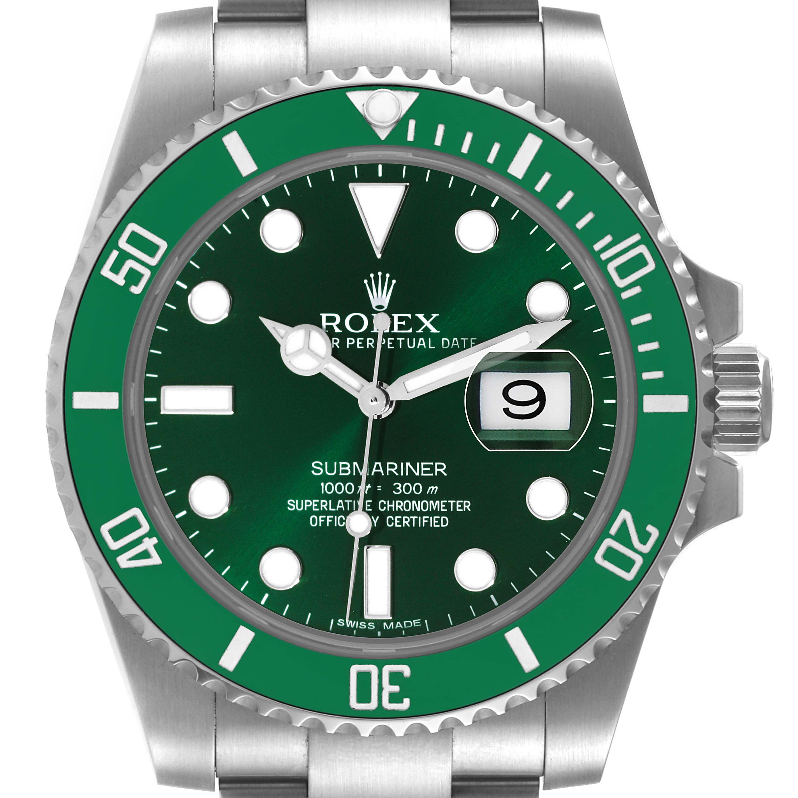 The image shows a frontal view of a Rolex Submariner 116610LV Men
s Stainless Steel Green Dial 116610LV Men
s Stainless Steel Green Dial watch with a green bezel and green dial.