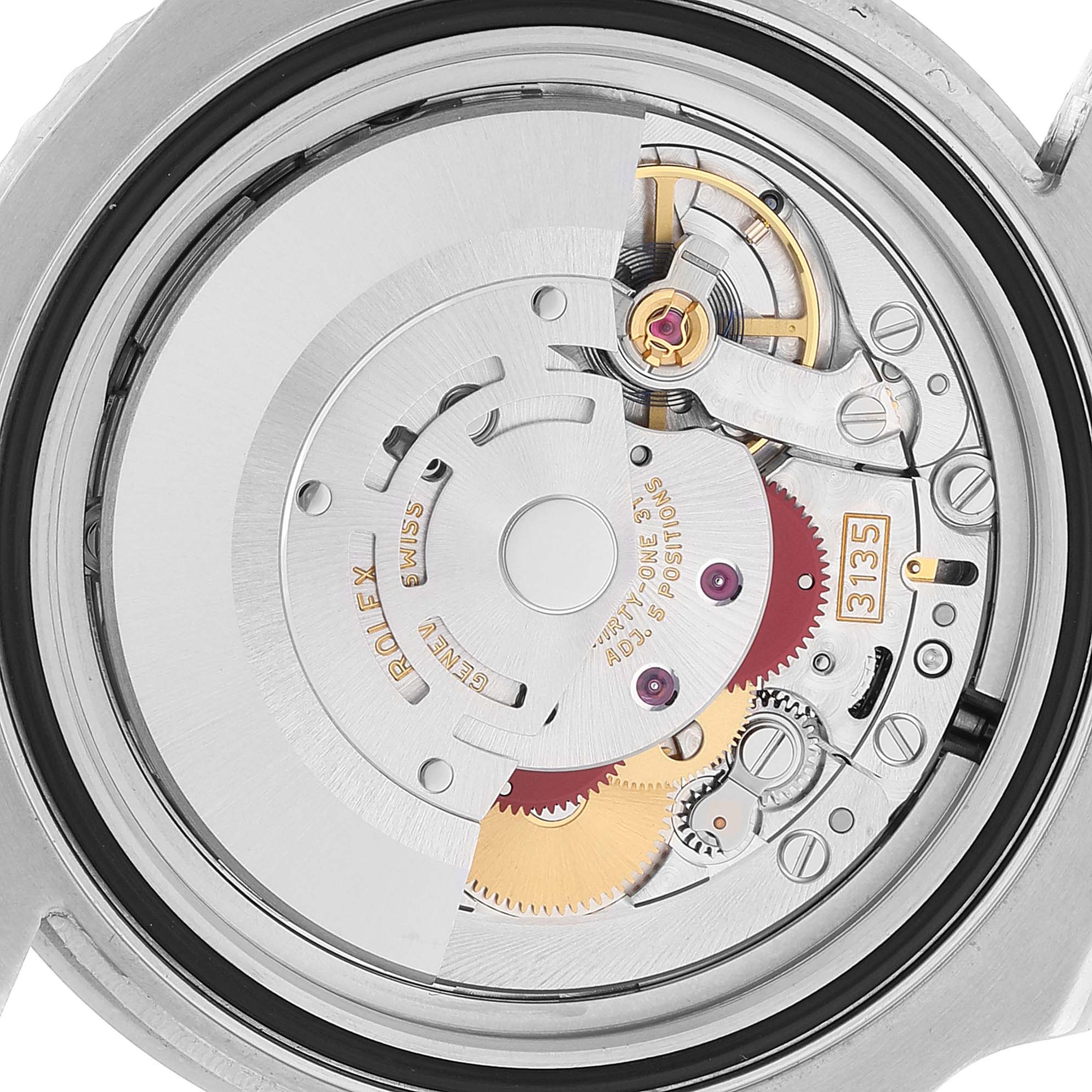 This is an image showcasing the internal mechanism of the Rolex Submariner 116610LV Men
s Stainless Steel Green Dial 116610LV Men
s Stainless Steel Green Dial watch, highlighting the movement and gears.