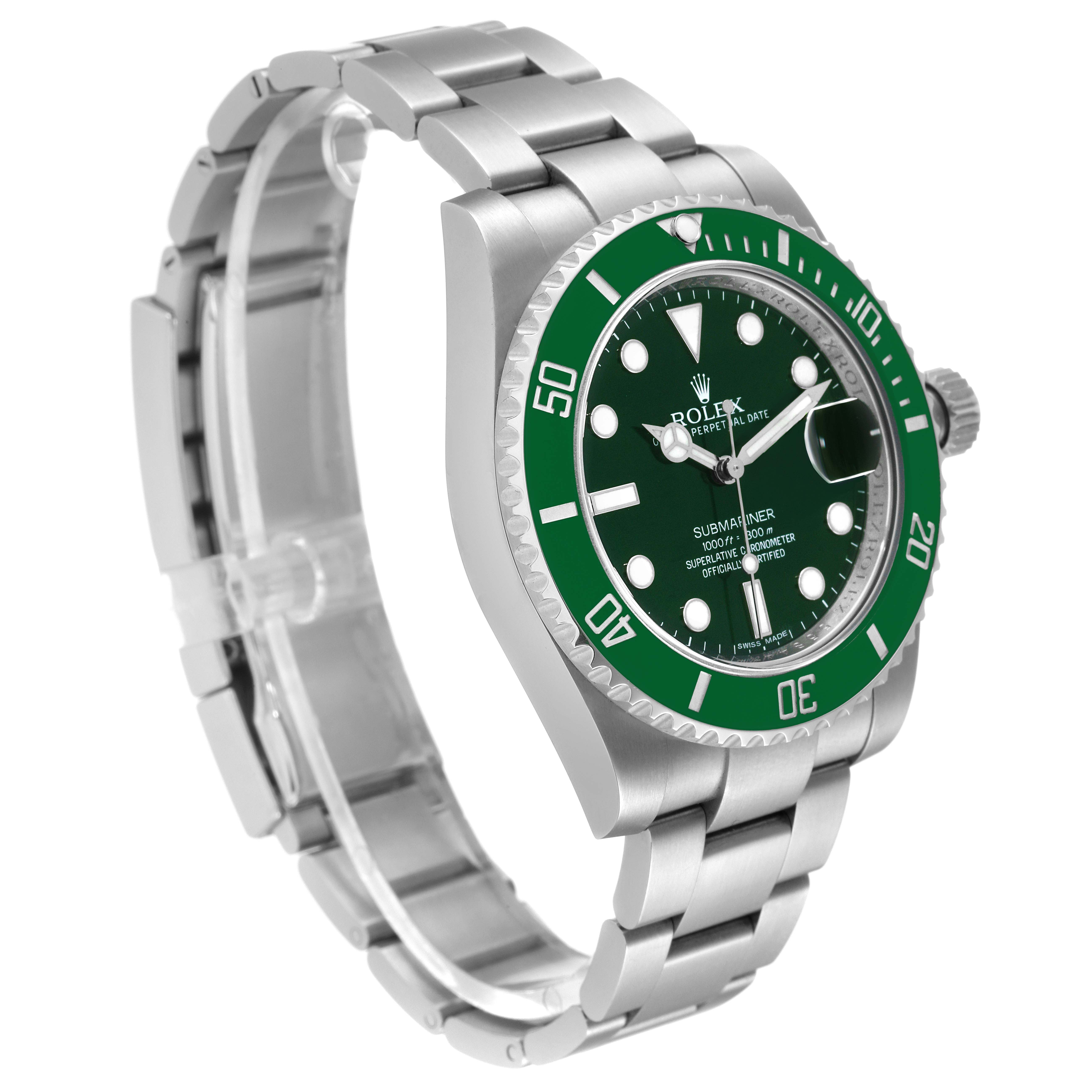 The image shows a side and front angle of a Rolex Submariner 116610LV Men
s Stainless Steel Green Dial 116610LV Men
s Stainless Steel Green Dial, highlighting the bezel, dial, crown, and bracelet.