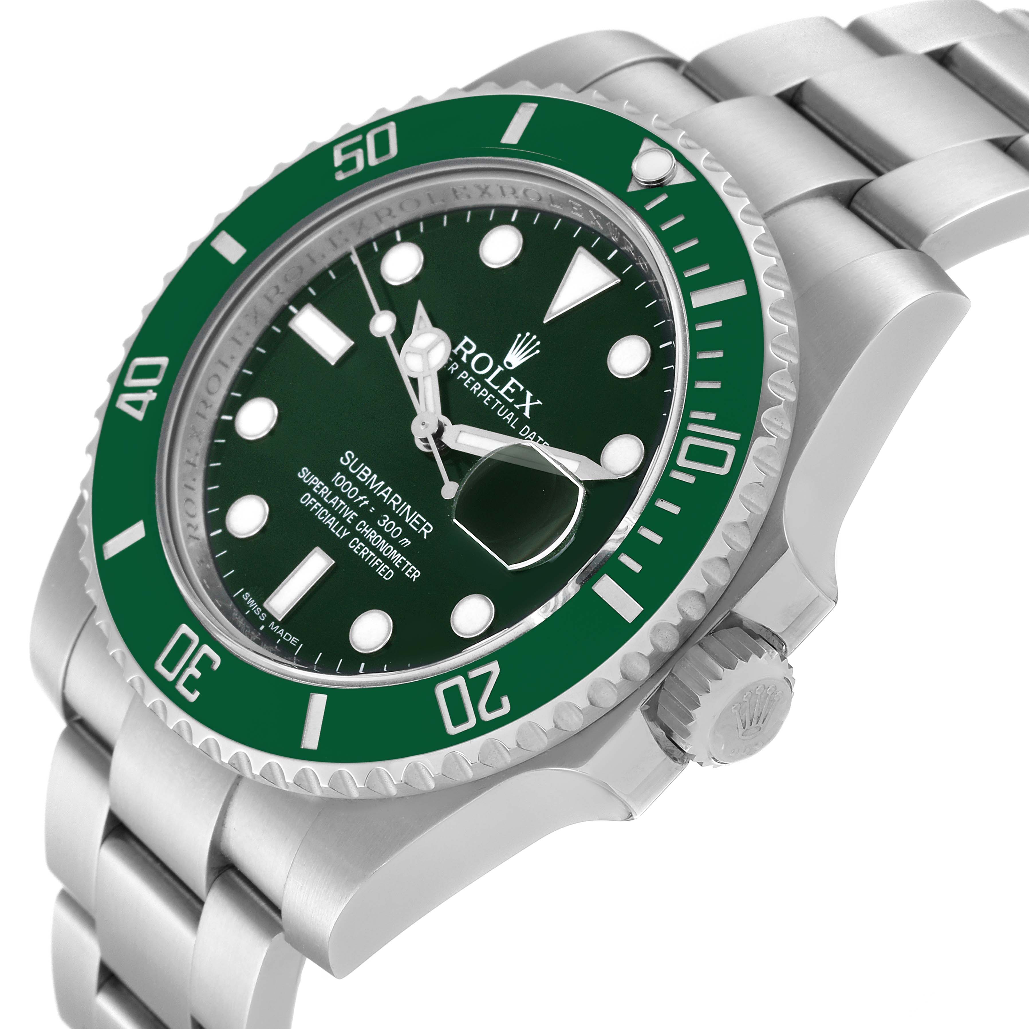 This image shows a close-up, angled view of the watch face and partial bracelet of a Rolex Submariner 116610LV Men
s Stainless Steel Green Dial 116610LV Men
s Stainless Steel Green Dial, highlighting the green bezel and dial.