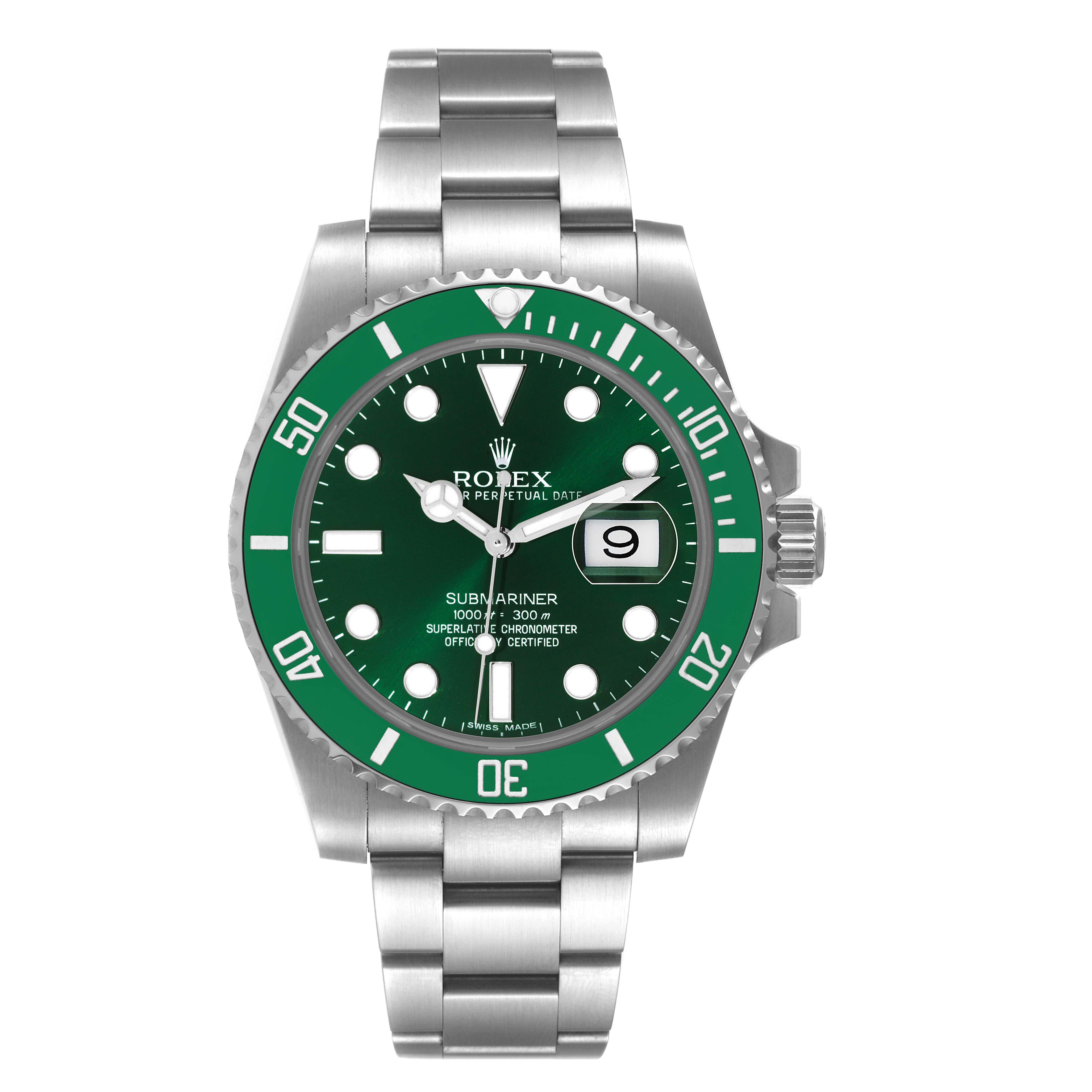 The image shows a Rolex Submariner 116610LV Men
s Stainless Steel Green Dial 116610LV Men
s Stainless Steel Green Dial watch from a front angle, displaying the green dial, bezel, and stainless steel bracelet.