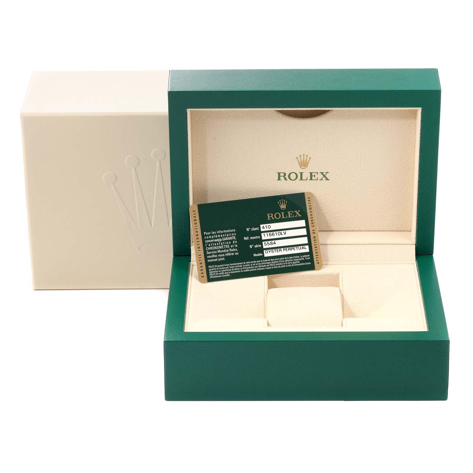 The image shows a Rolex Submariner 116610LV Men
s Stainless Steel Green Dial 116610LV Men
s Stainless Steel Green Dial watch box with the warranty card placed inside the open green and beige box.