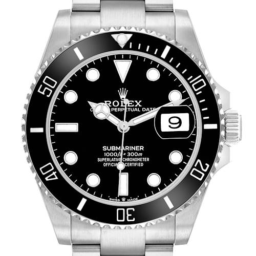 The Rolex Submariner 126610 Men's Stainless Steel Black Dial is shown from a front angle, highlighting the dial, bezel, crown, and bracelet.