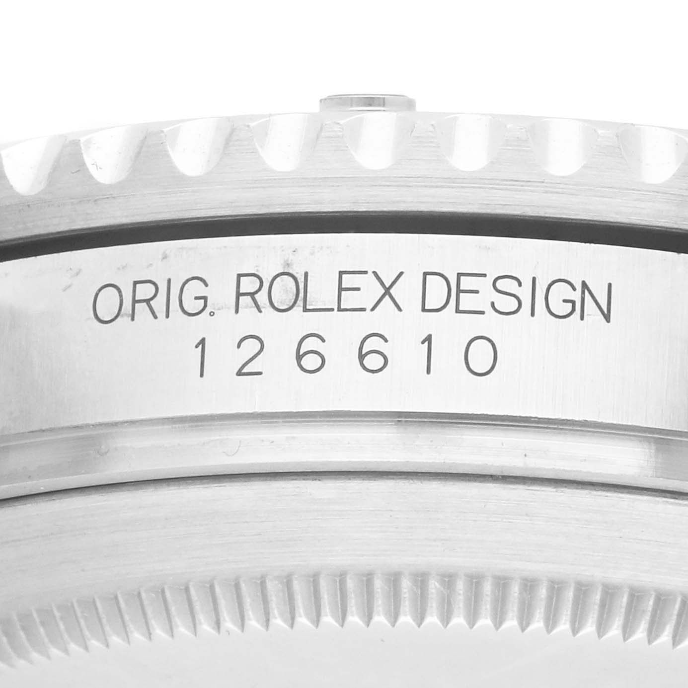 The image shows a close-up of the side of a Rolex Submariner 126610 Men
s Stainless Steel Black Dial, focusing on the engraved model number "126610" on the case.