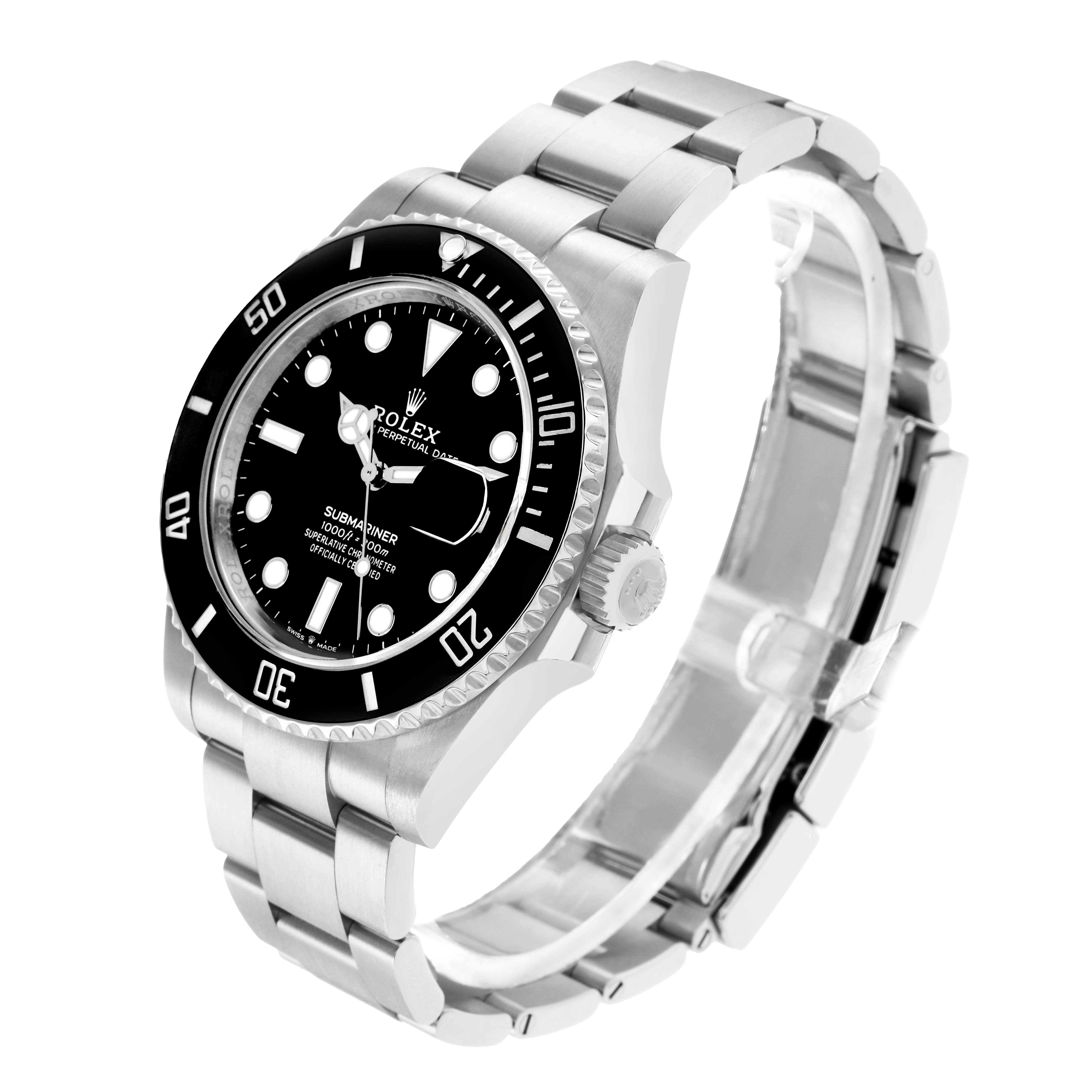 The Rolex Submariner 126610 Men
s Stainless Steel Black Dial watch is shown at a three-quarter angle, highlighting the dial, bezel, crown, and bracelet.