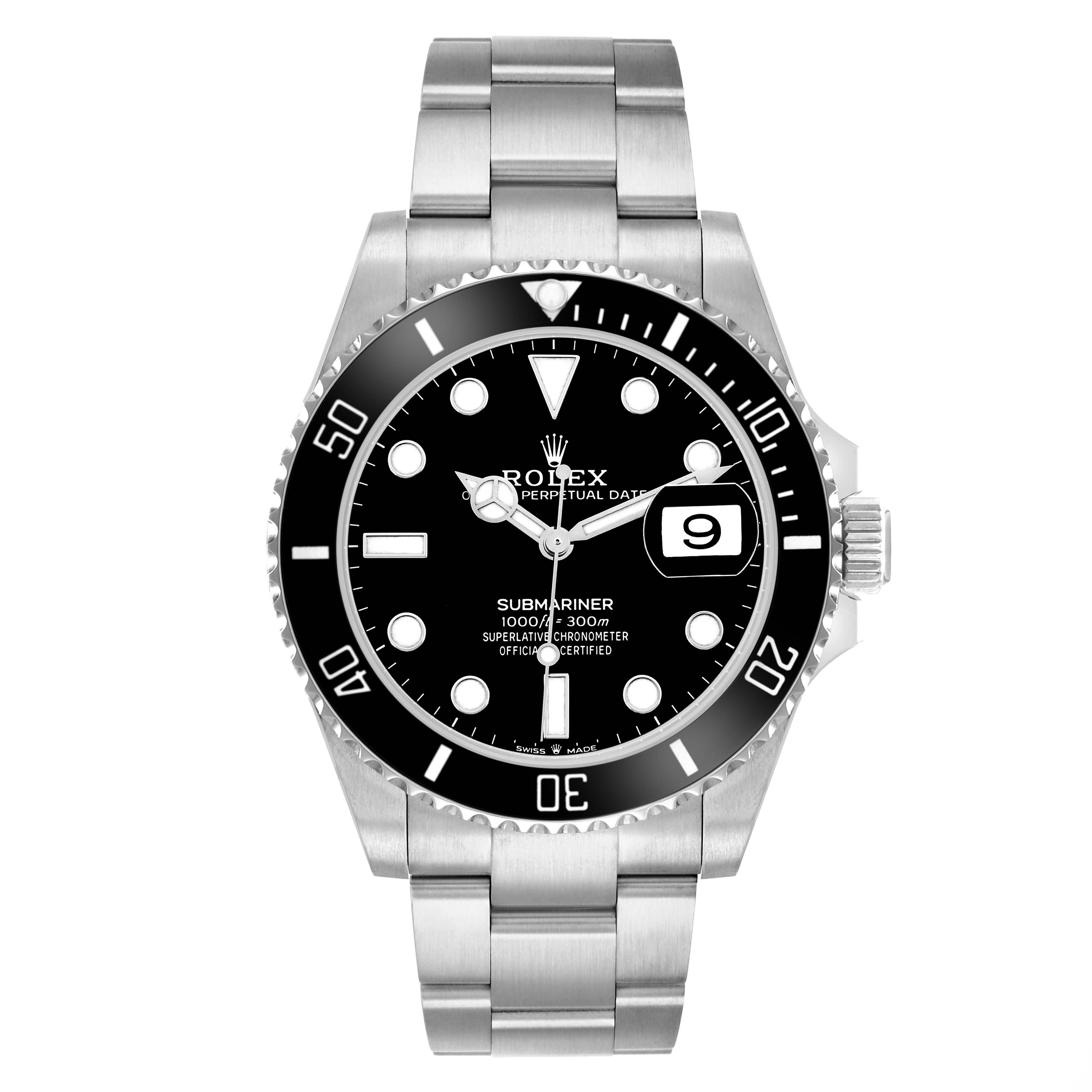 The Rolex Submariner 126610 Men
s Stainless Steel Black Dial is shown from a direct front angle, highlighting the dial, bezel, bracelet, and crown.