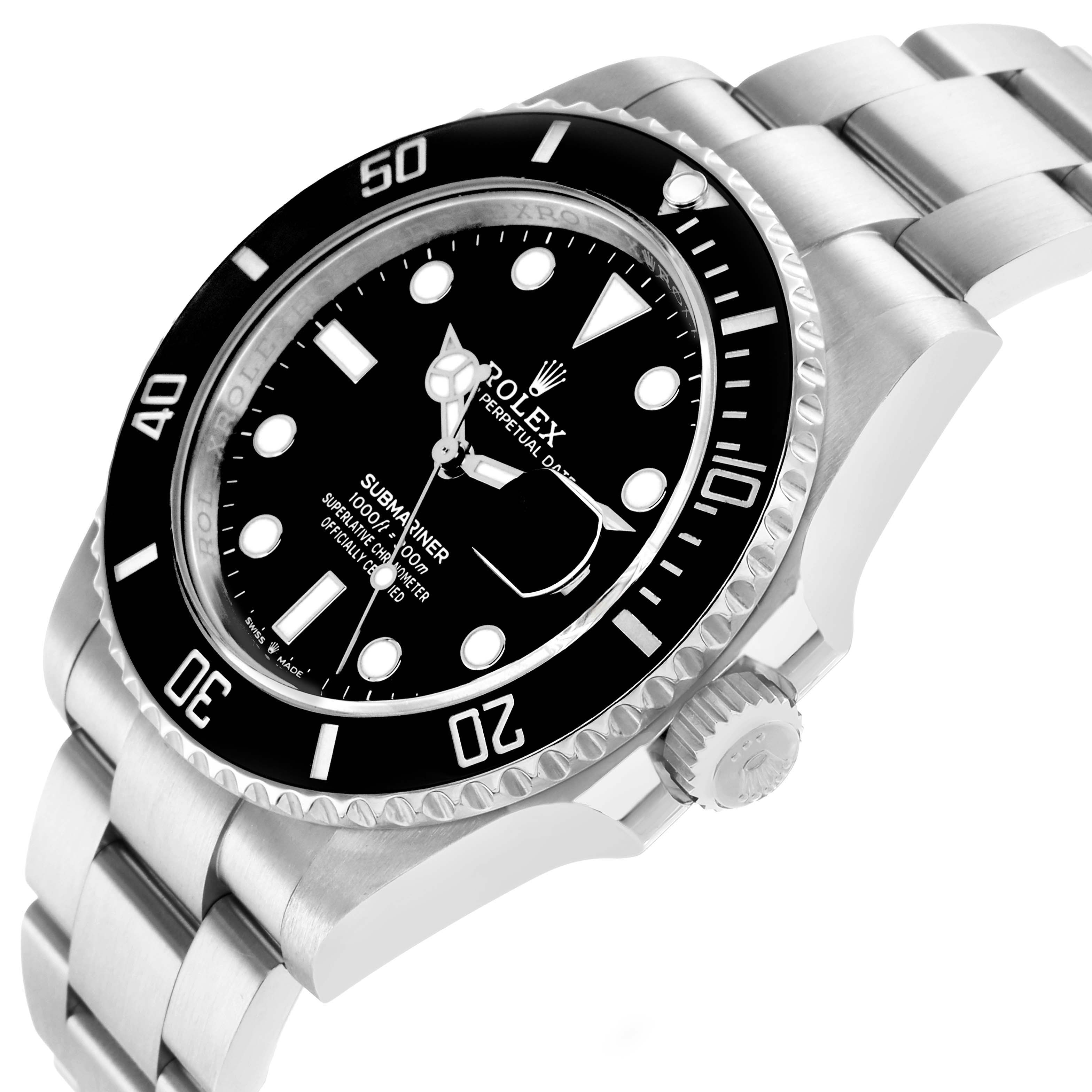 The Rolex Submariner 126610 Men
s Stainless Steel Black Dial watch is shown at an angled view, displaying the dial, bezel, crown, and part of the bracelet.