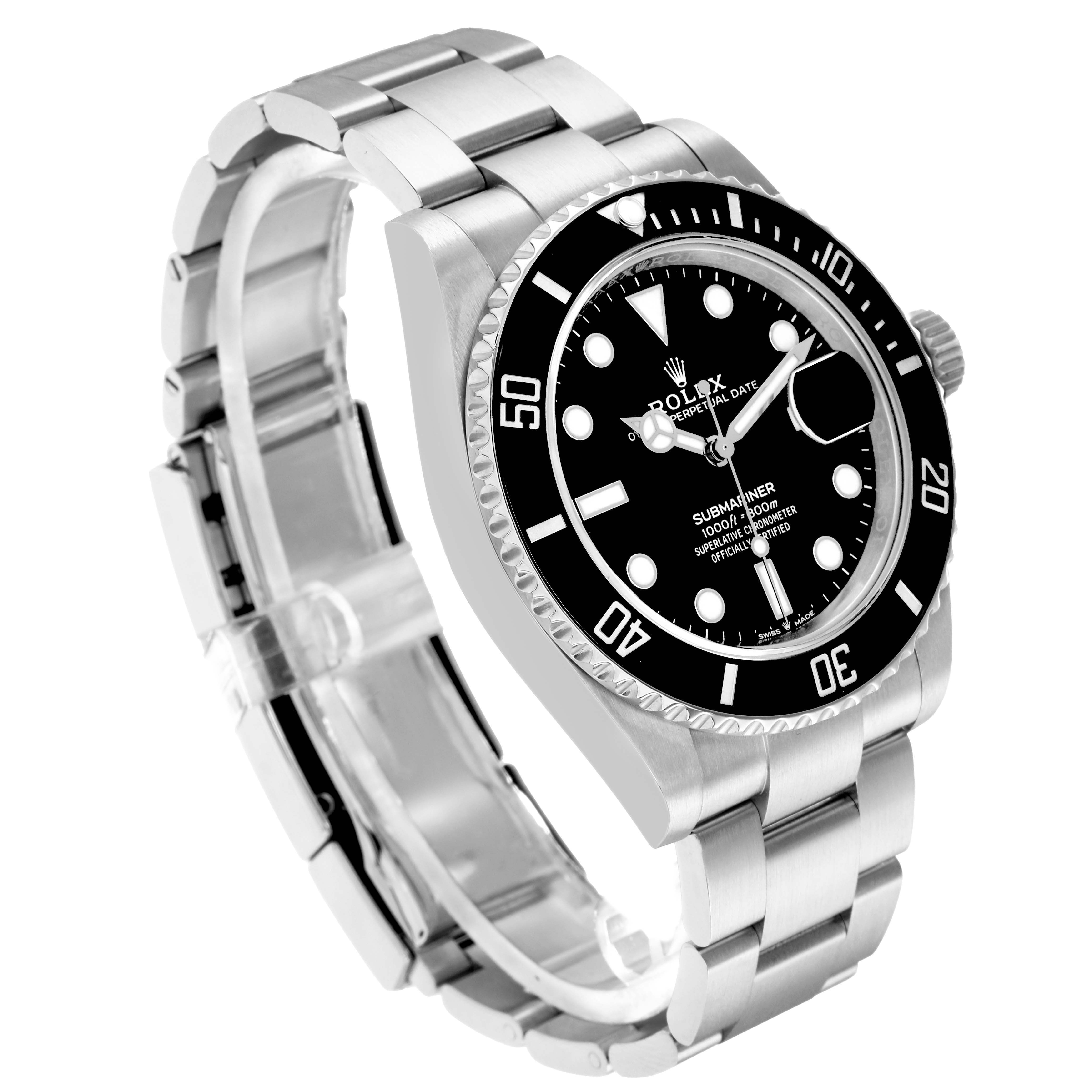 The Rolex Submariner 126610 Men
s Stainless Steel Black Dial watch is shown at a three-quarter angle, displaying the dial, bezel, crown, and bracelet.