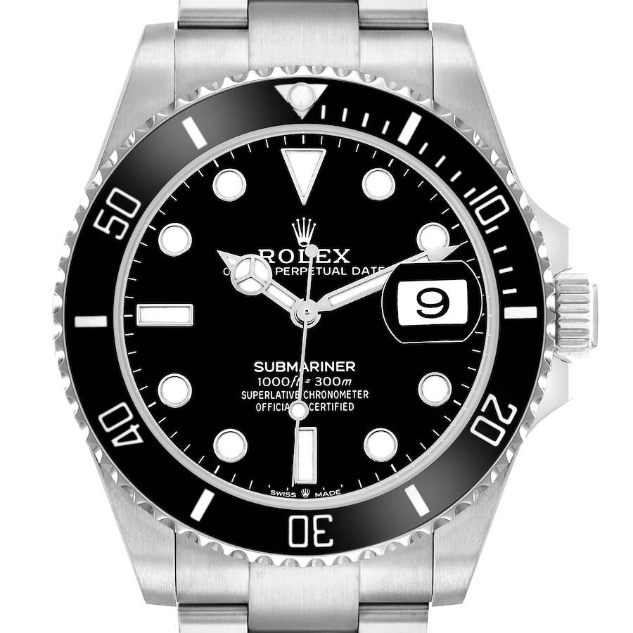 The Rolex Submariner 126610 Men's Stainless Steel Black Dial watch is shown from the front, highlighting its dial, bezel, and crown.