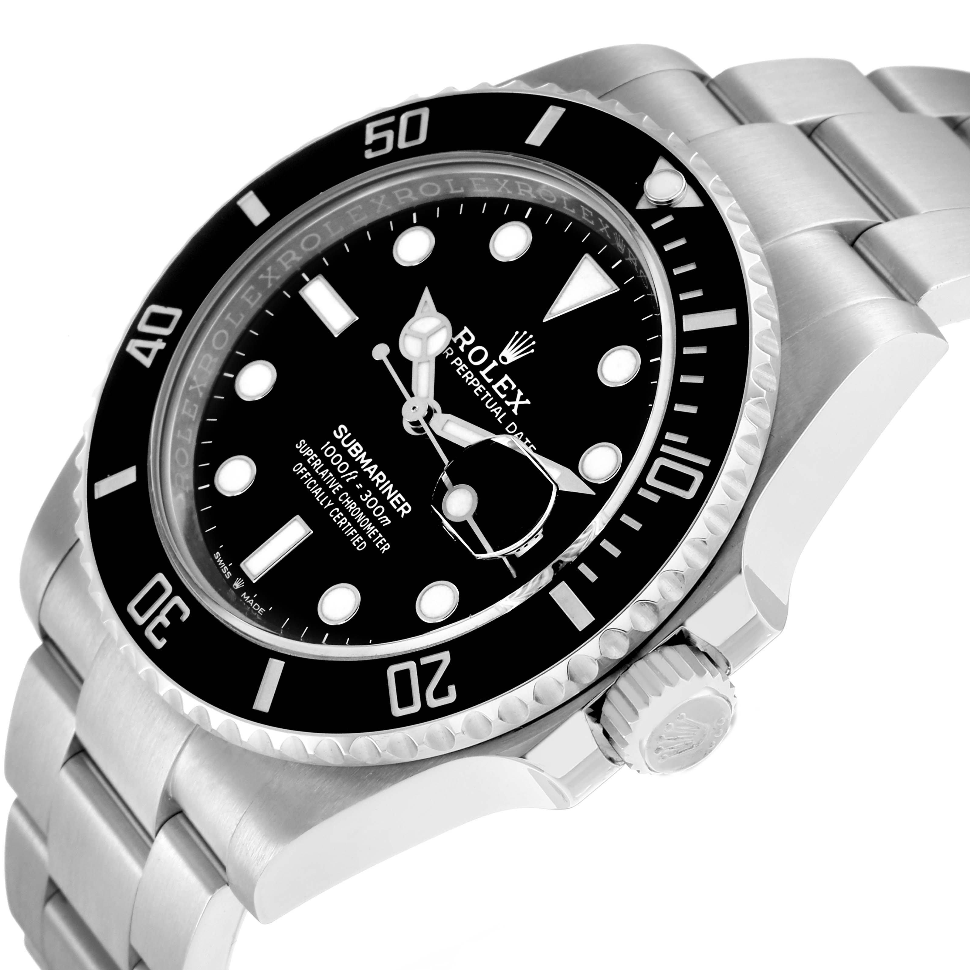 The Rolex Submariner 126610 Men
s Stainless Steel Black Dial watch is shown at an angled side view, highlighting the dial, bezel, crown, and part of the bracelet.