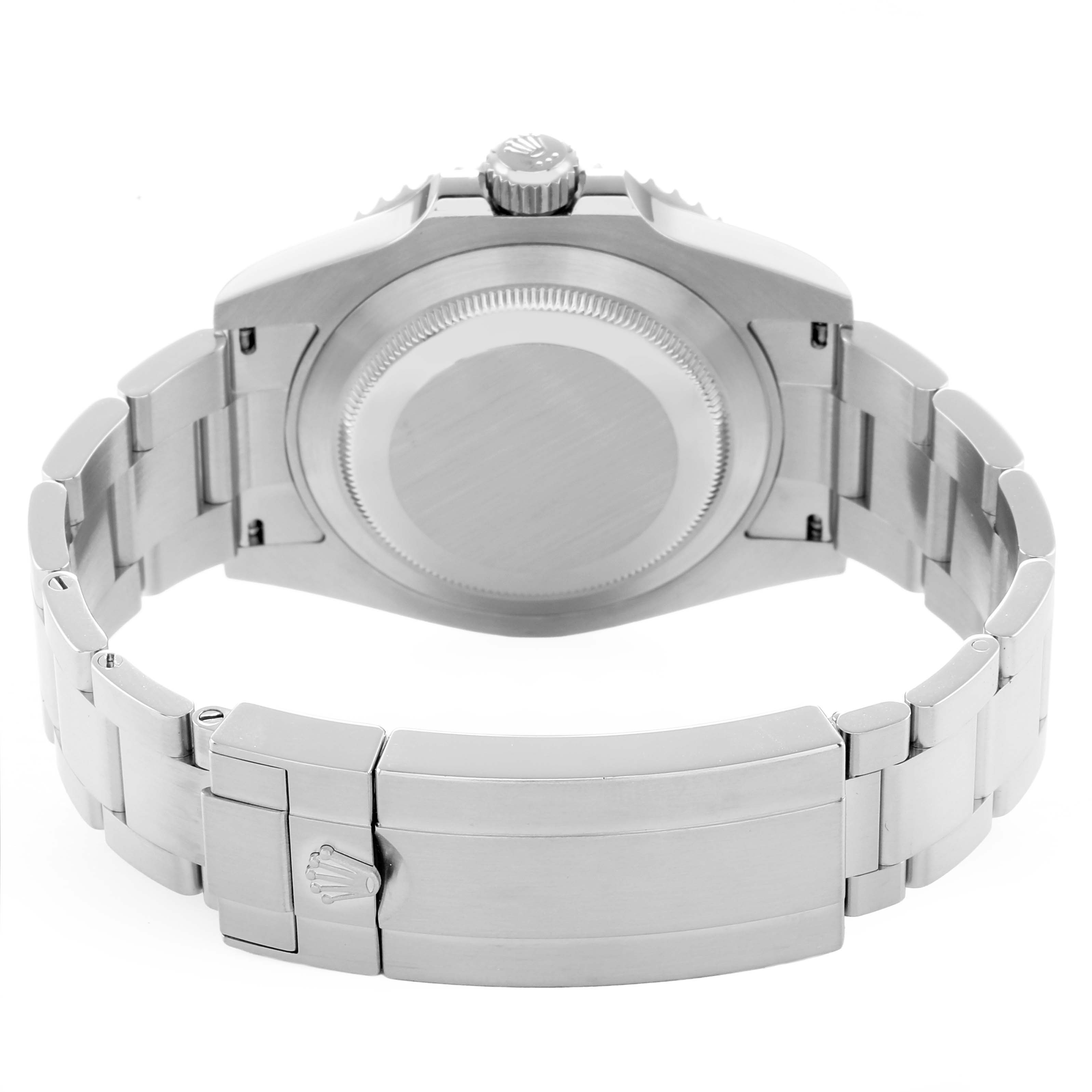 The image shows the back view of a Rolex Submariner 126610 Men
s Stainless Steel Black Dial, highlighting the bracelet, clasp, and case back.