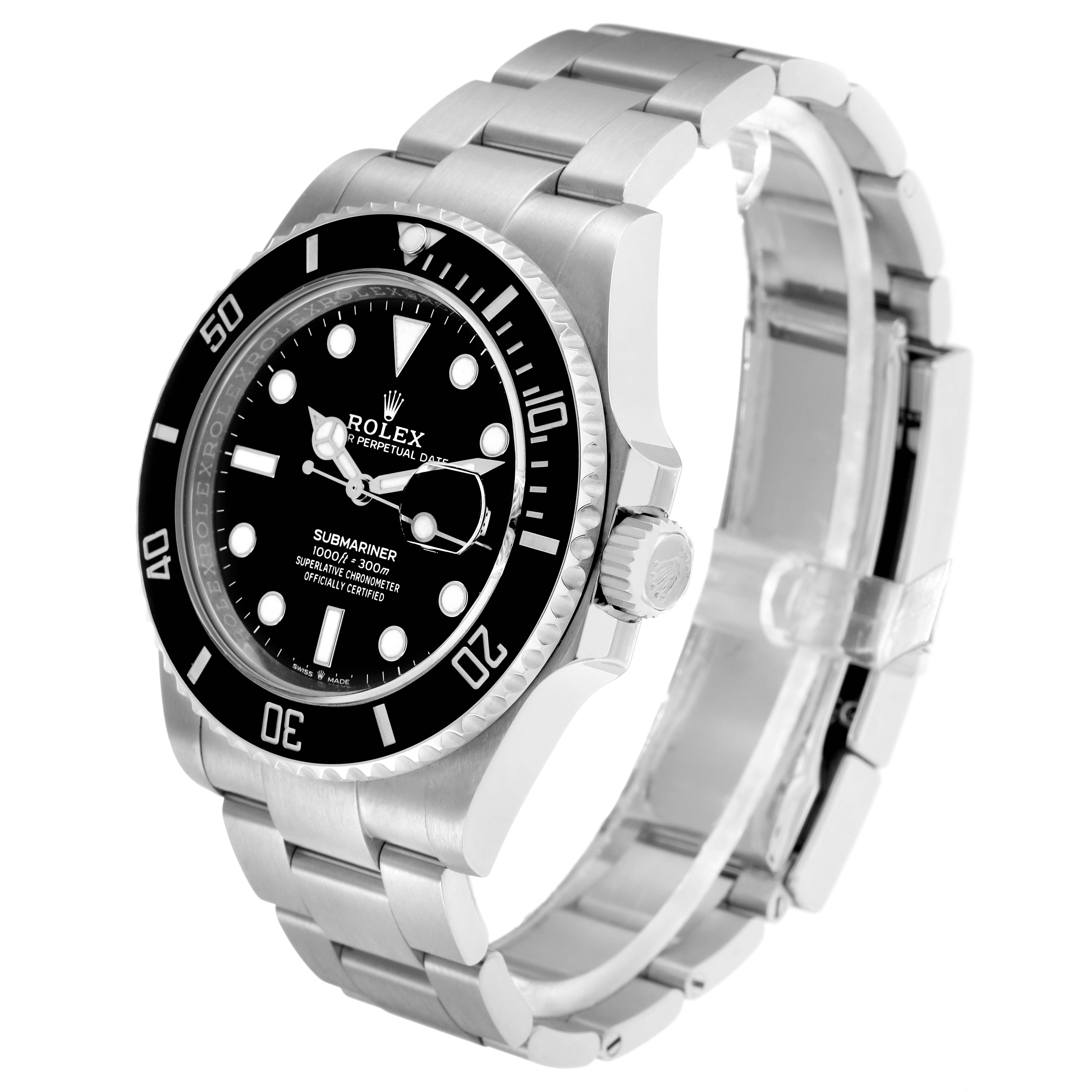 The Rolex Submariner 126610 Men
s Stainless Steel Black Dial watch is shown at a three-quarter angle, highlighting the face, bezel, crown, and bracelet.