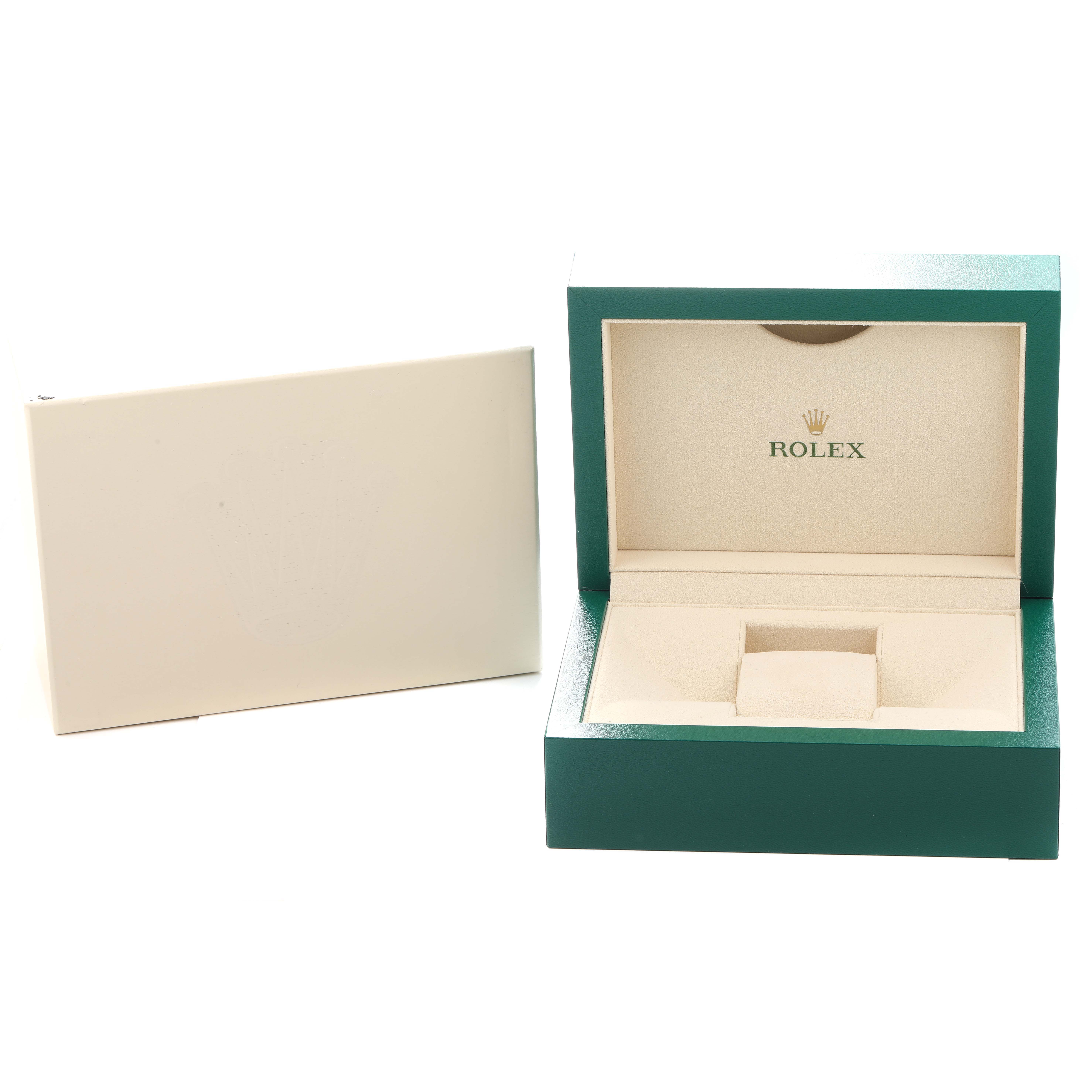 The image shows an open Rolex Submariner 126610 Men
s Stainless Steel Black Dial watch box with a green exterior, cream interior, and the Rolex logo inside.