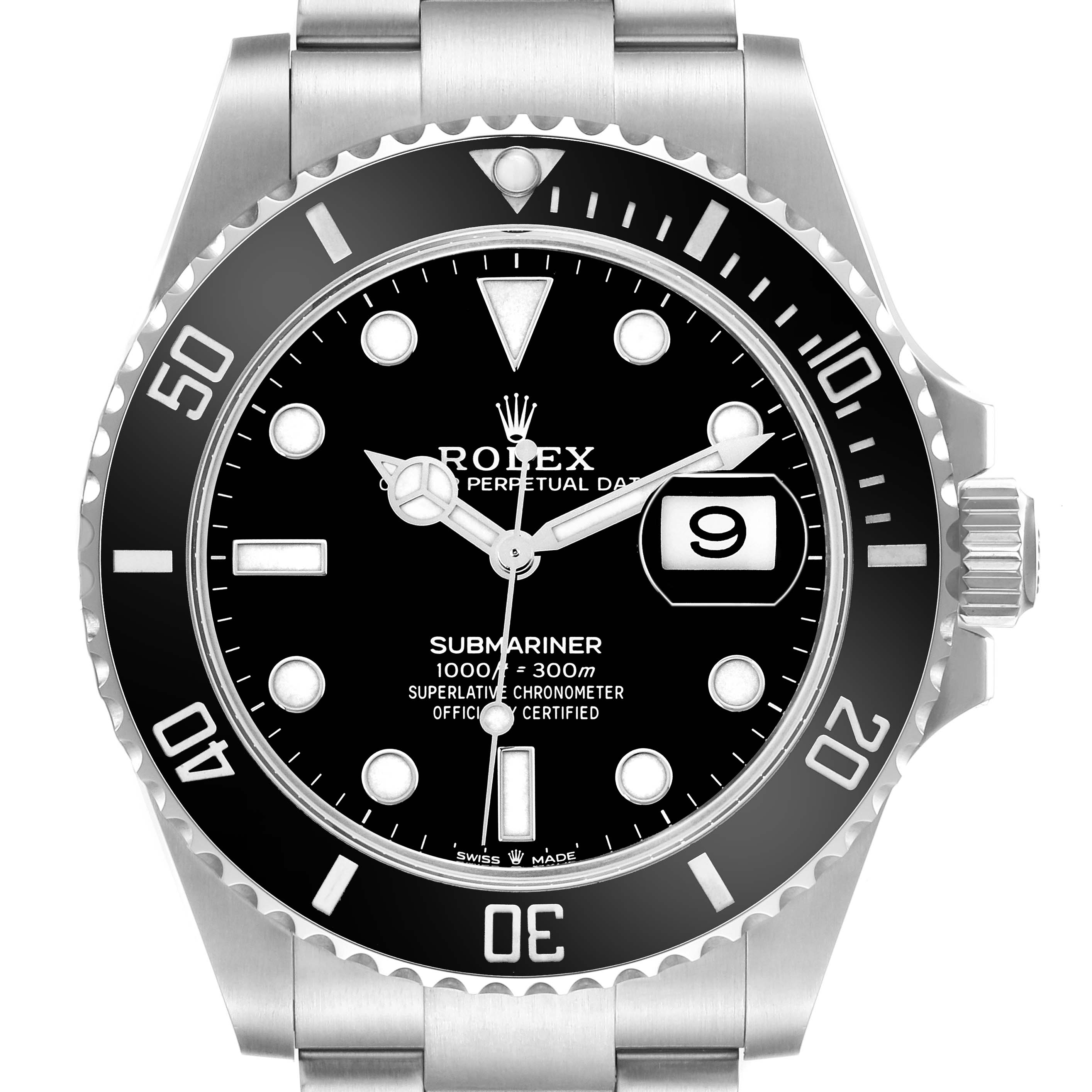 The Rolex Submariner 126610 Men
s Stainless Steel Black Dial is shown from the front, highlighting its dial, bezel, hour markers, and crown.