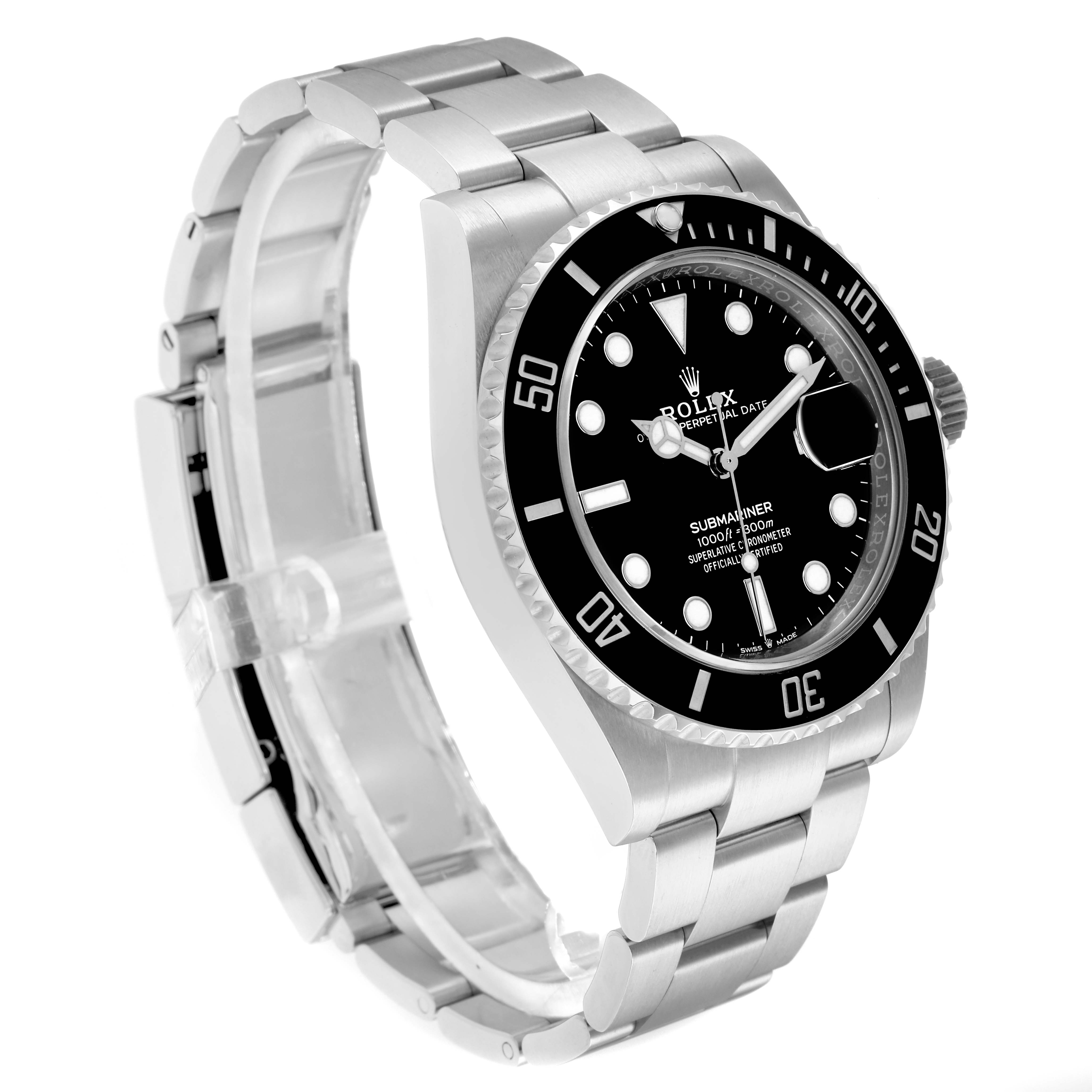 The Rolex Submariner 126610 Men
s Stainless Steel Black Dial watch is shown at an angle highlighting the face, bezel, bracelet, and partially open clasp.