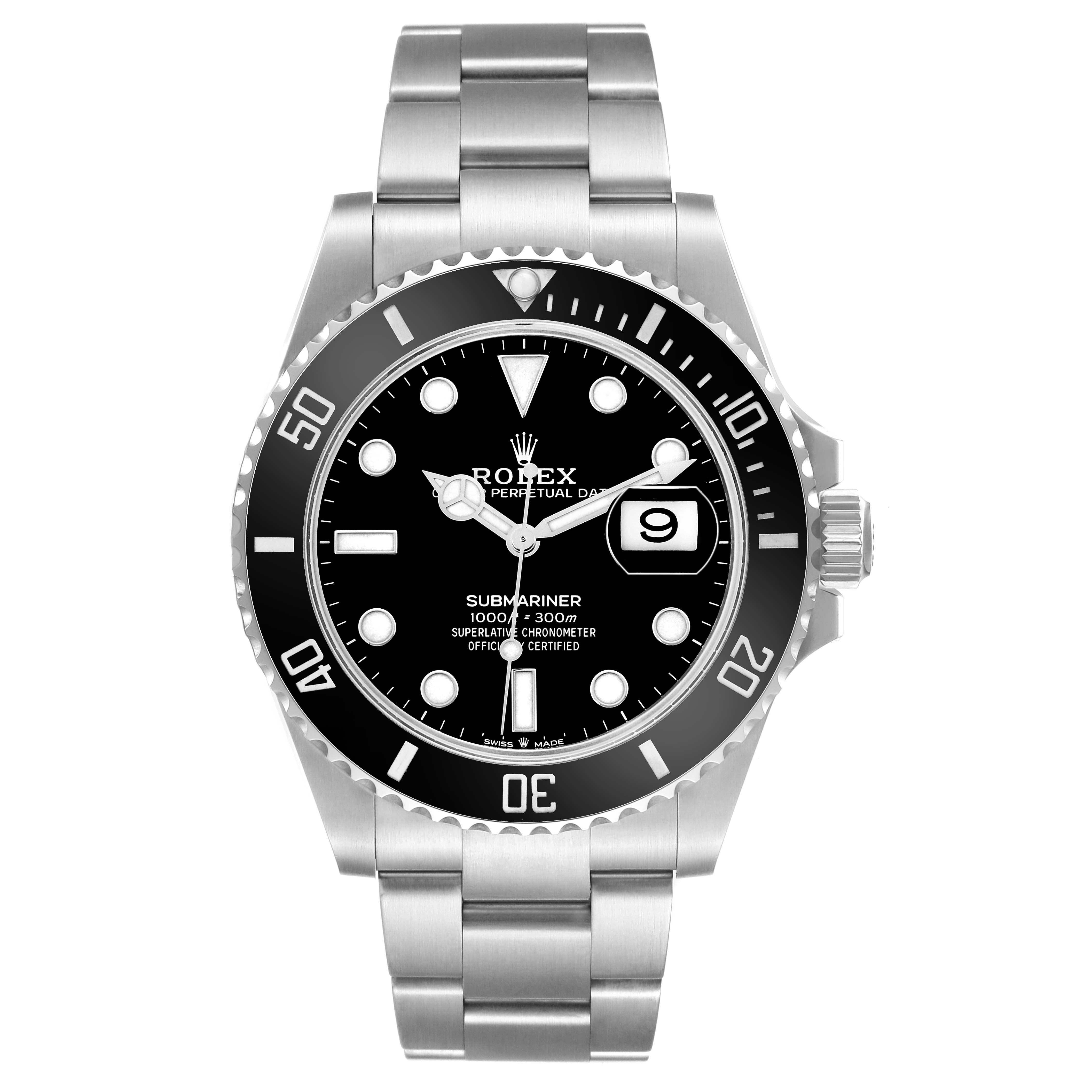 The Rolex Submariner 126610 Men
s Stainless Steel Black Dial is shown from a front view, displaying its dial, bezel, and bracelet.