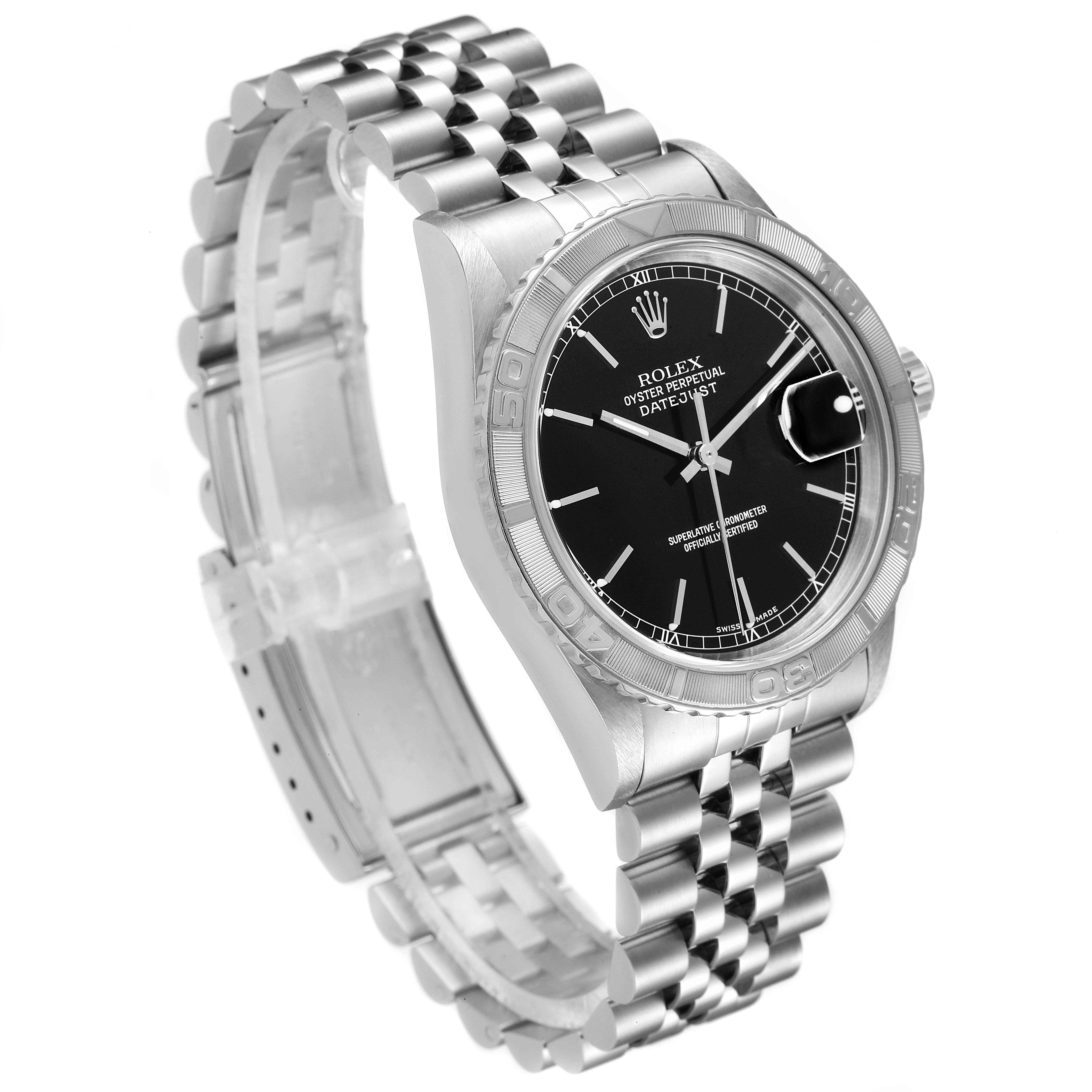 This image shows a Rolex Turn-o-Graph 16264 Men's Stainless Steel Black Dial 16264 Men's Stainless Steel Black Dial watch at a slight side angle, highlighting its bezel, bracelet, and black dial.